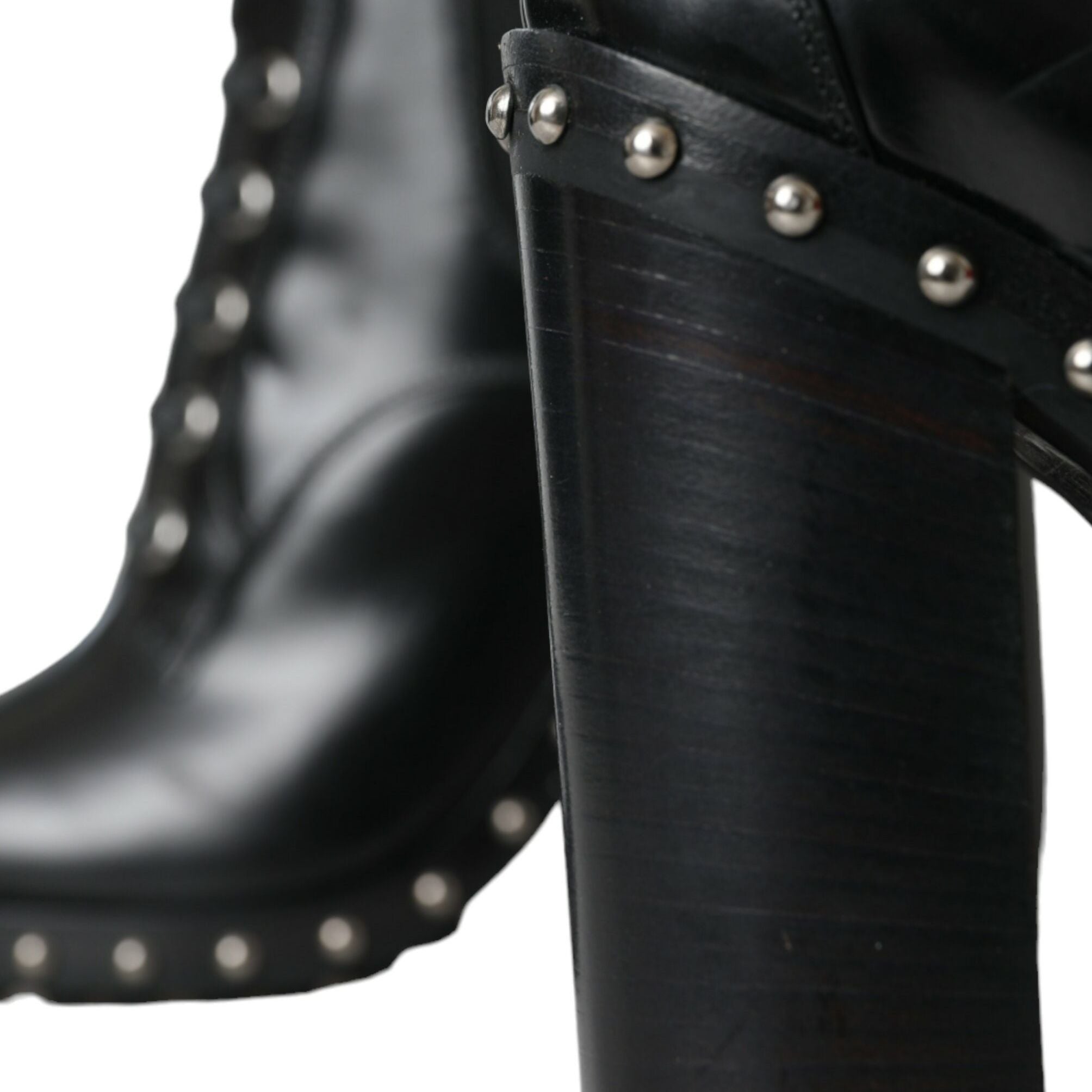 Dolce & Gabbana Black Leather Studded Lace Up Boots Shoes