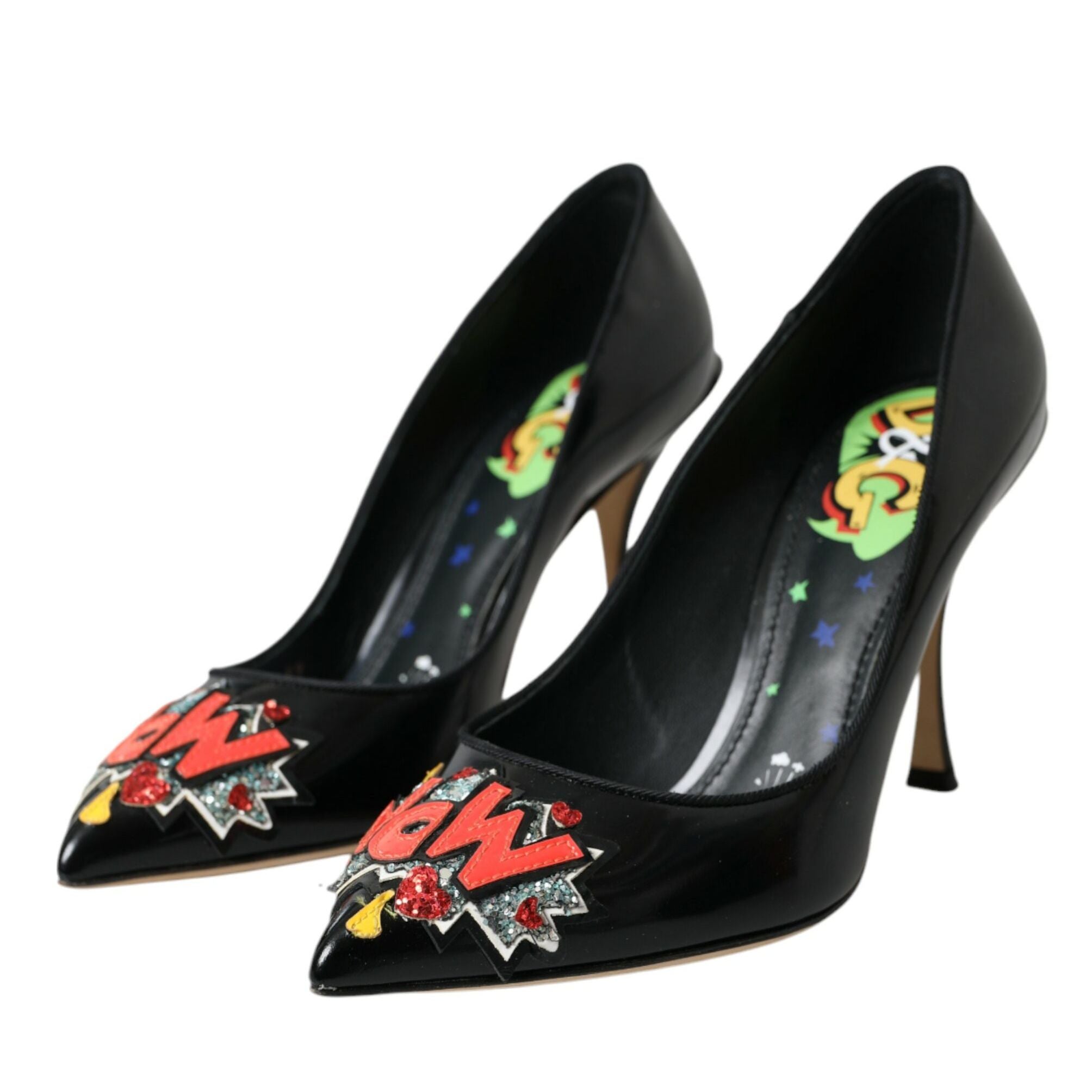 Dolce & Gabbana Black Leather WOW Patch Heels Pumps Shoes