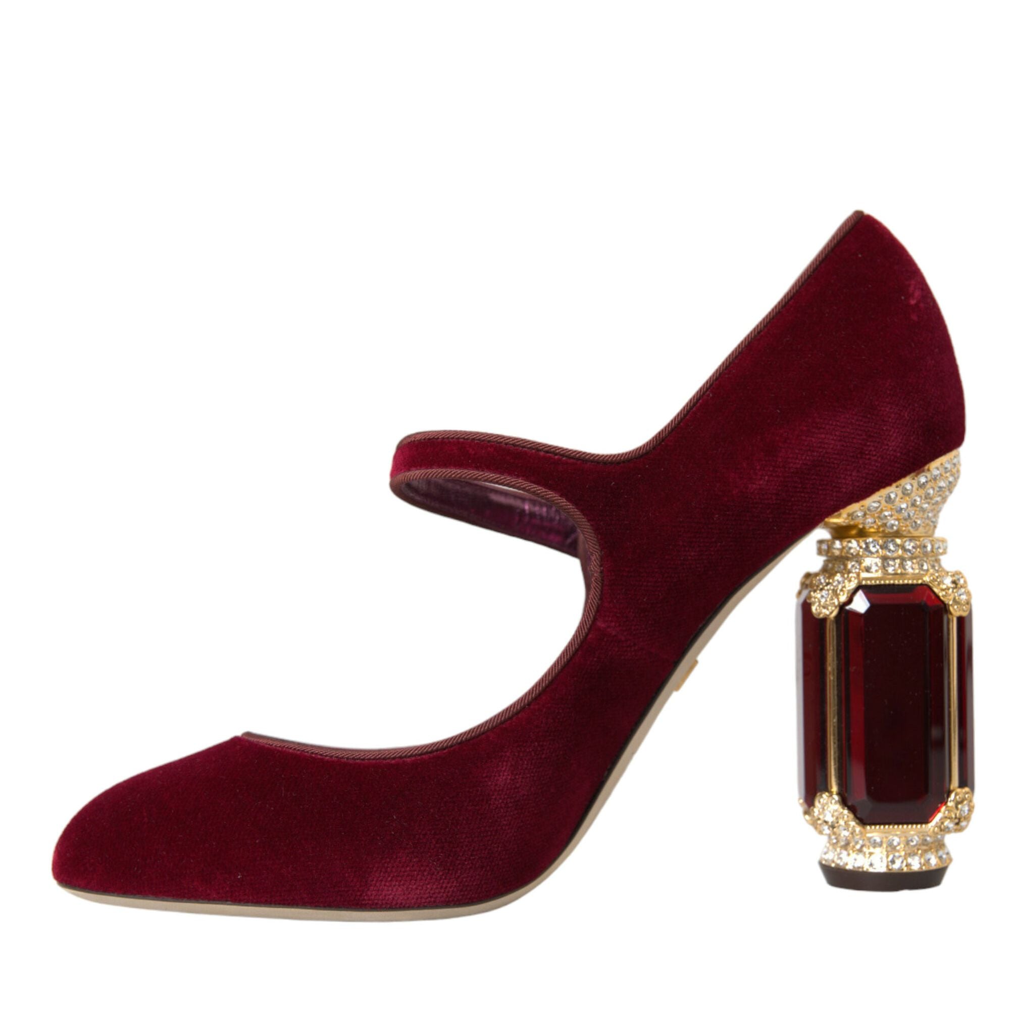 Dolce & Gabbana Red Velvet Gold Crystals Heels Mary Jane Shoes