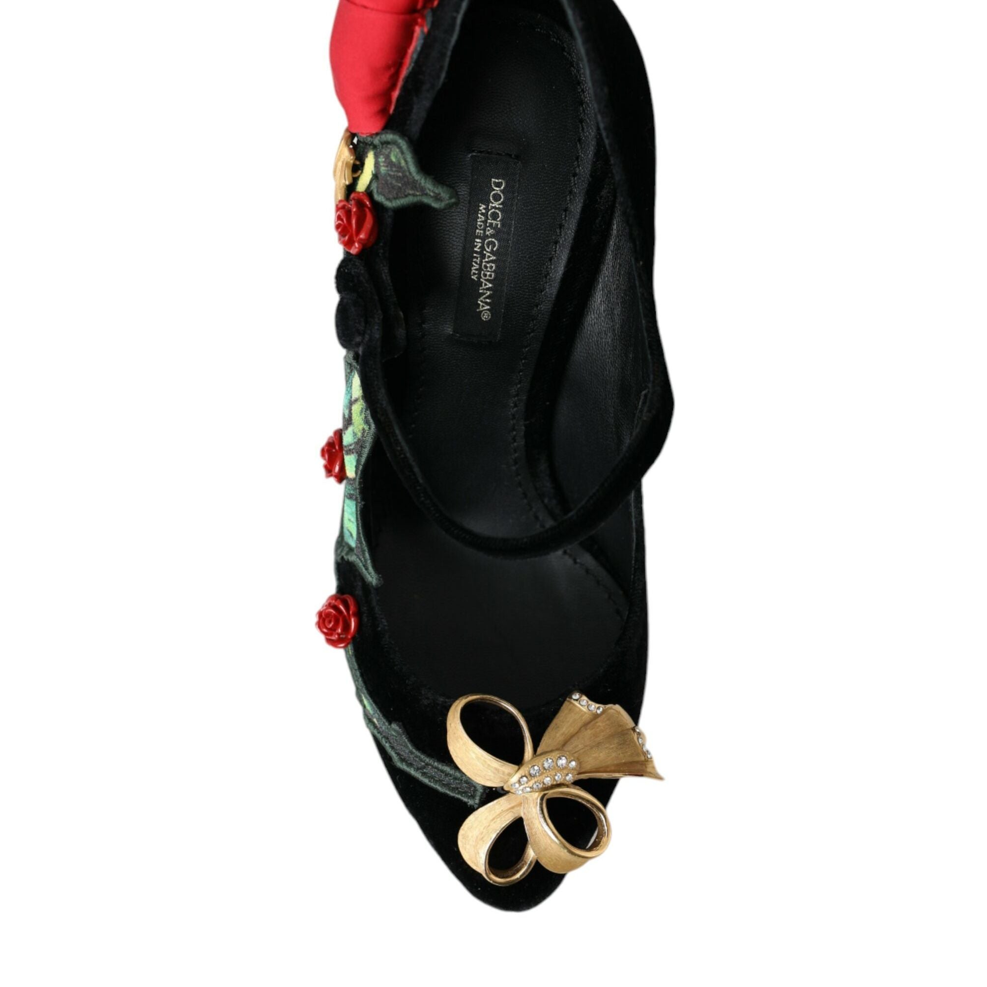 Dolce & Gabbana Black Roses Crystal Brooch Mary Jane Shoes