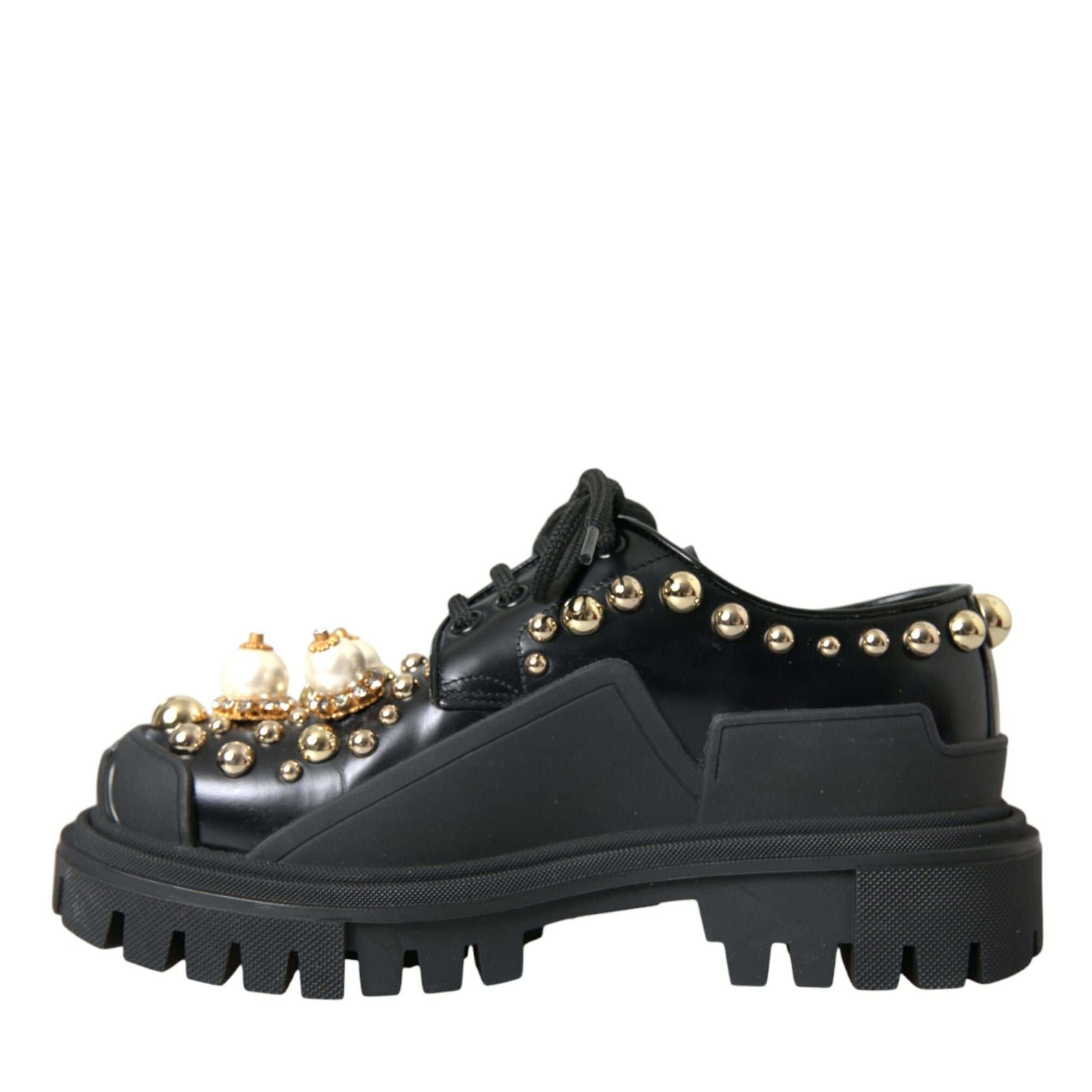 Dolce & Gabbana Black Leather Trekking Derby Embellished Shoes
