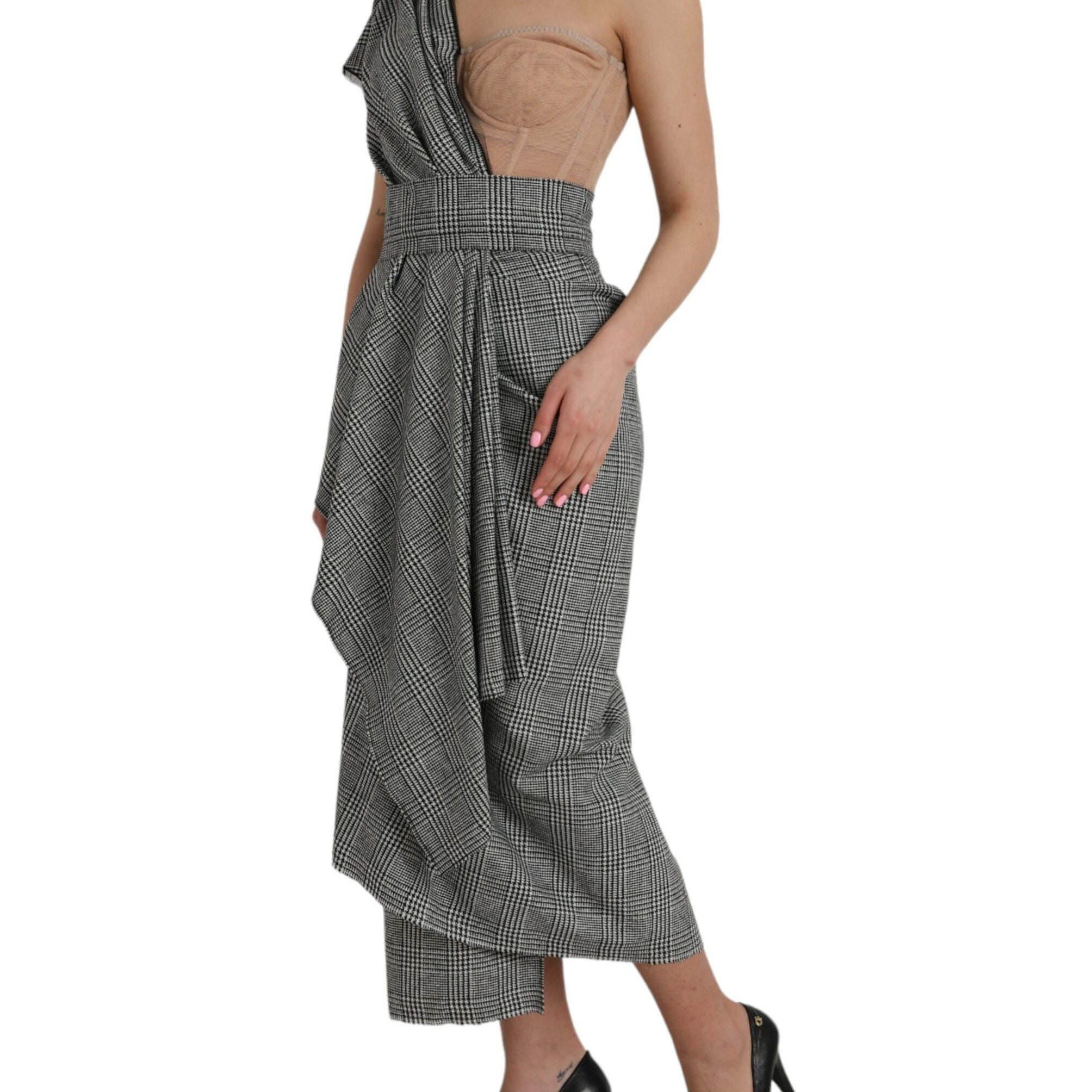 Dolce & Gabbana Gray Beige Layered One Shoulder Maxi Dress