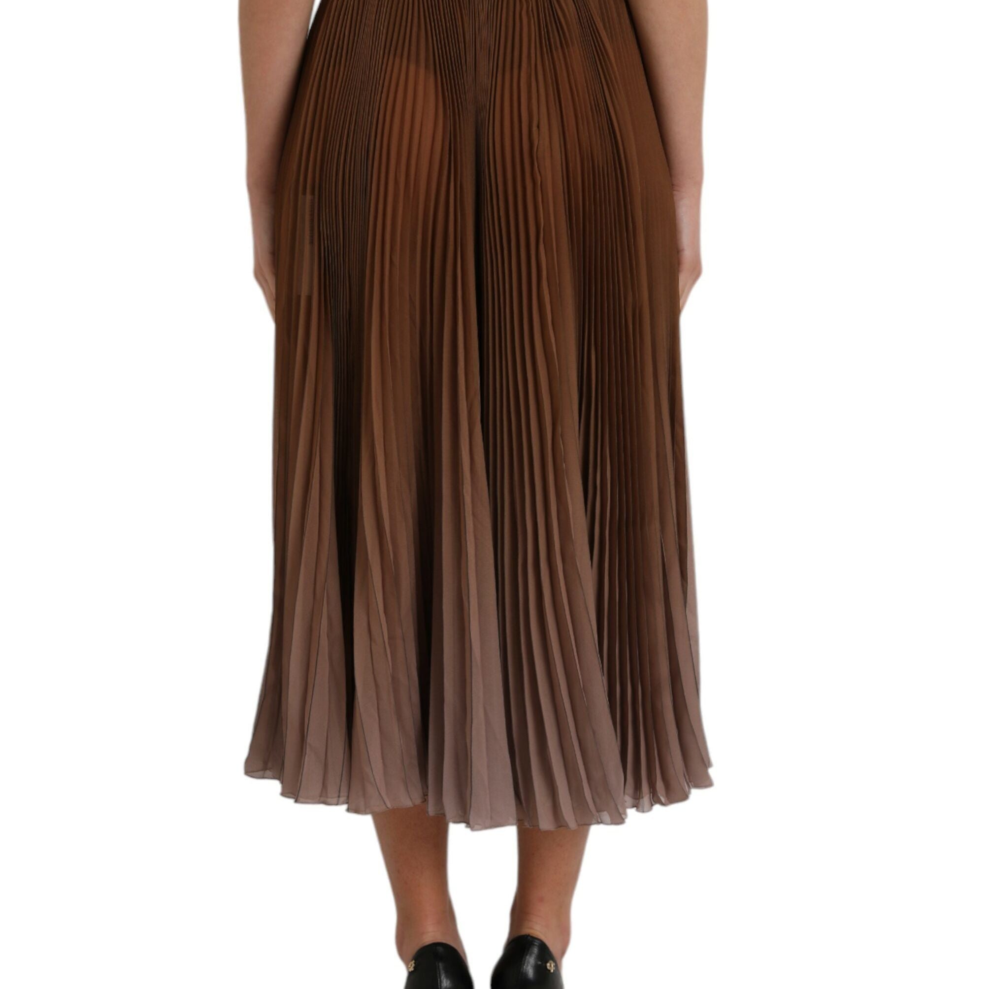 Dolce & Gabbana Brown Polyester Pleated High Waist Midi Skirt