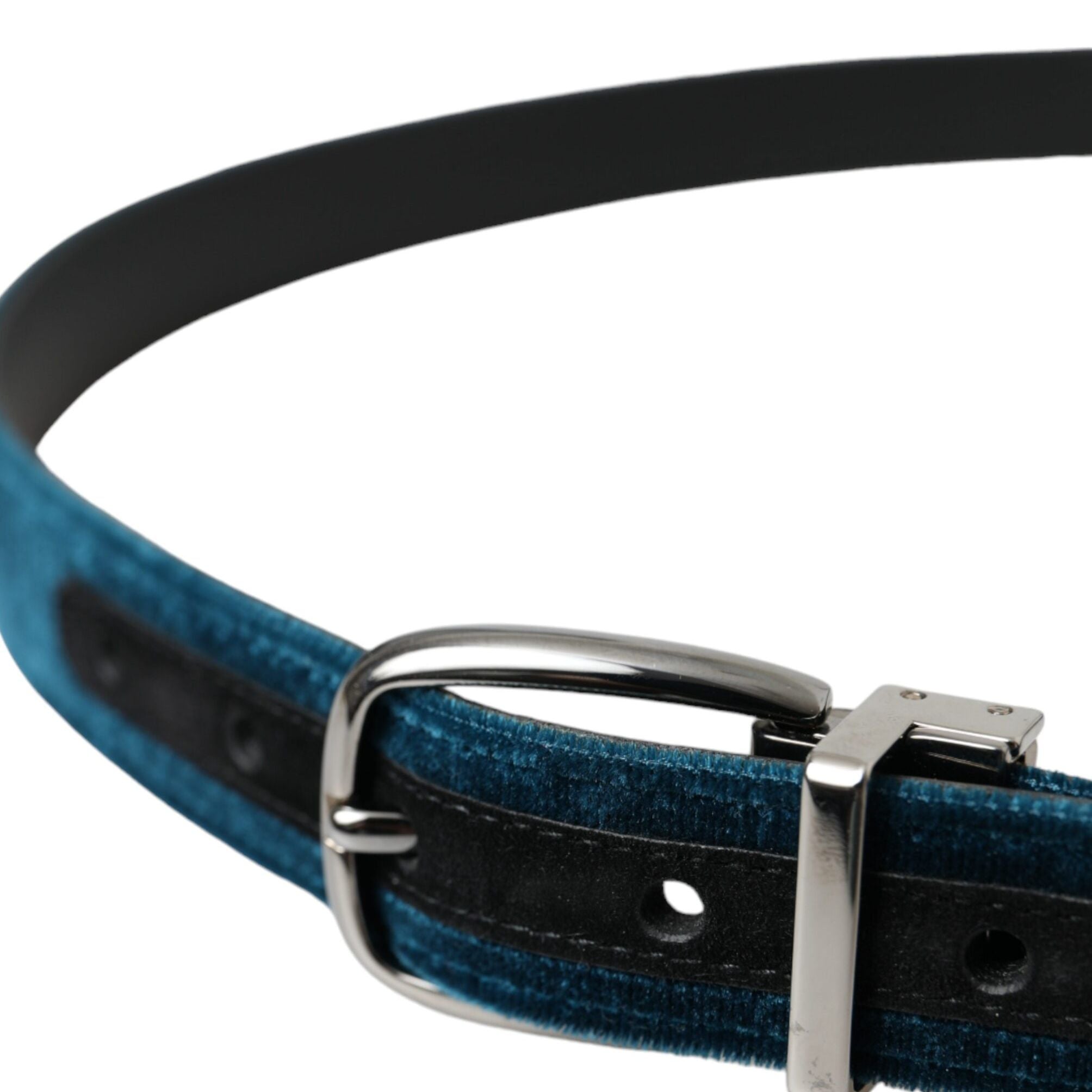 Dolce & Gabbana Blue Velvet Leather Silver Metal Buckle Belt