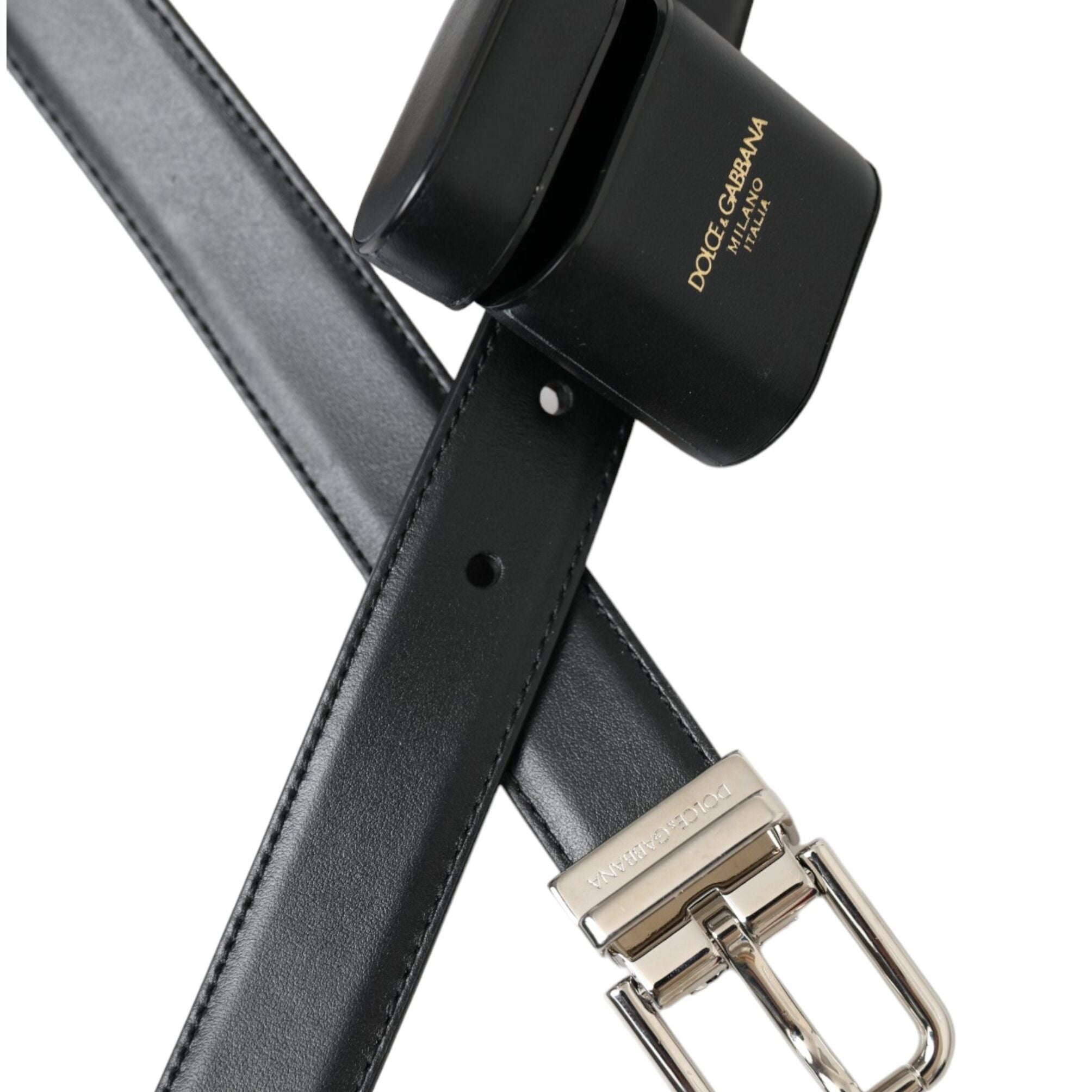 Dolce & Gabbana Black Leather Airpods Case Silver Buckle Belt
