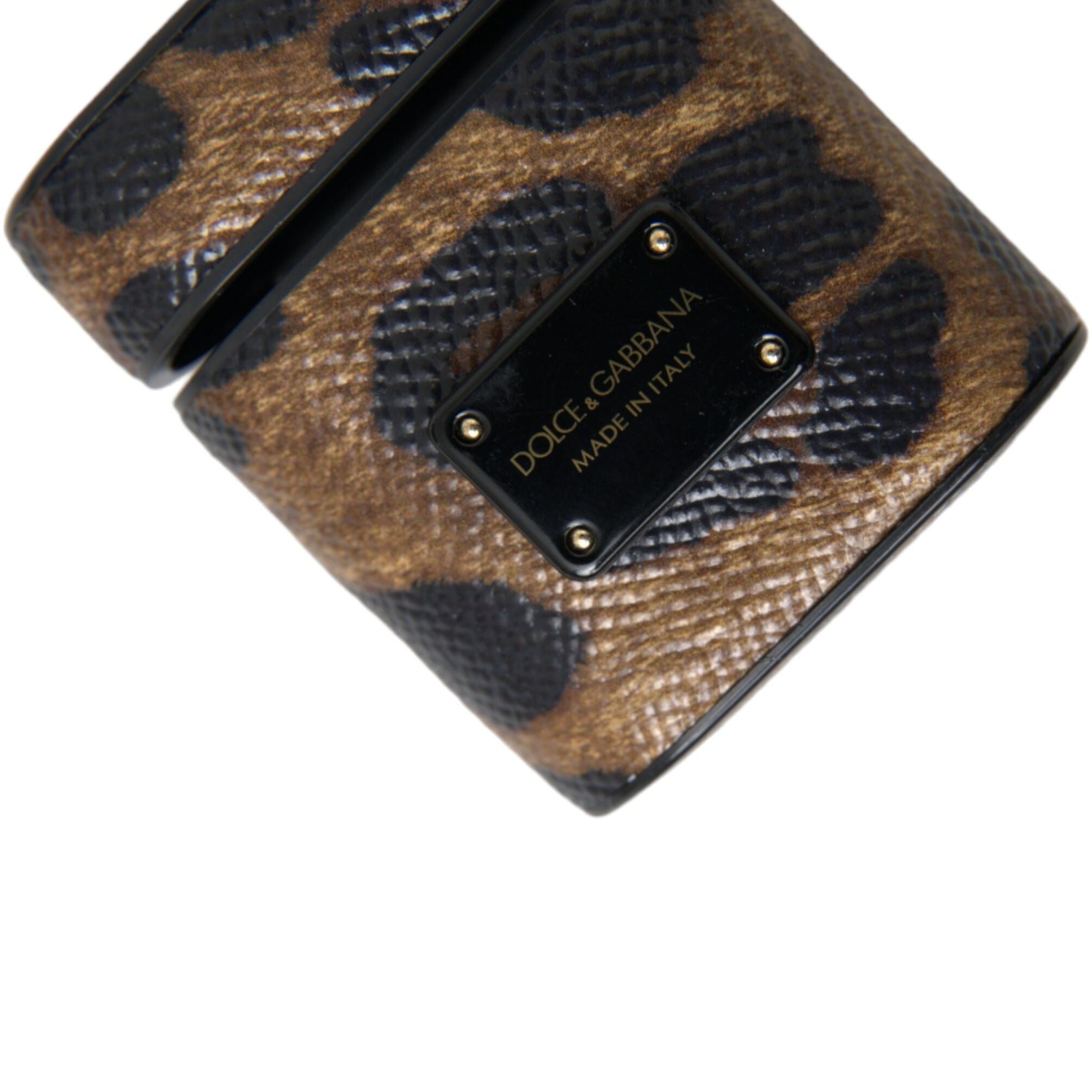 Dolce & Gabbana Brown Leopard Calf Leather Metal Logo Plaque Airpods Case