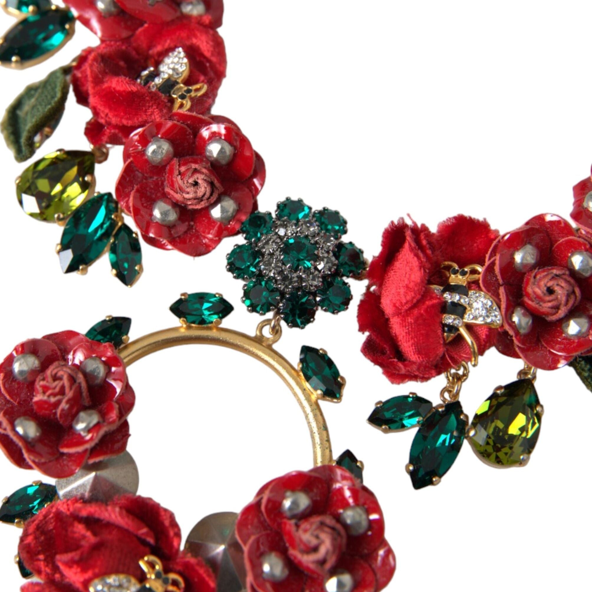 Dolce & Gabbana Gold Brass Link Chain RosePetal Crystal Pendant Necklace