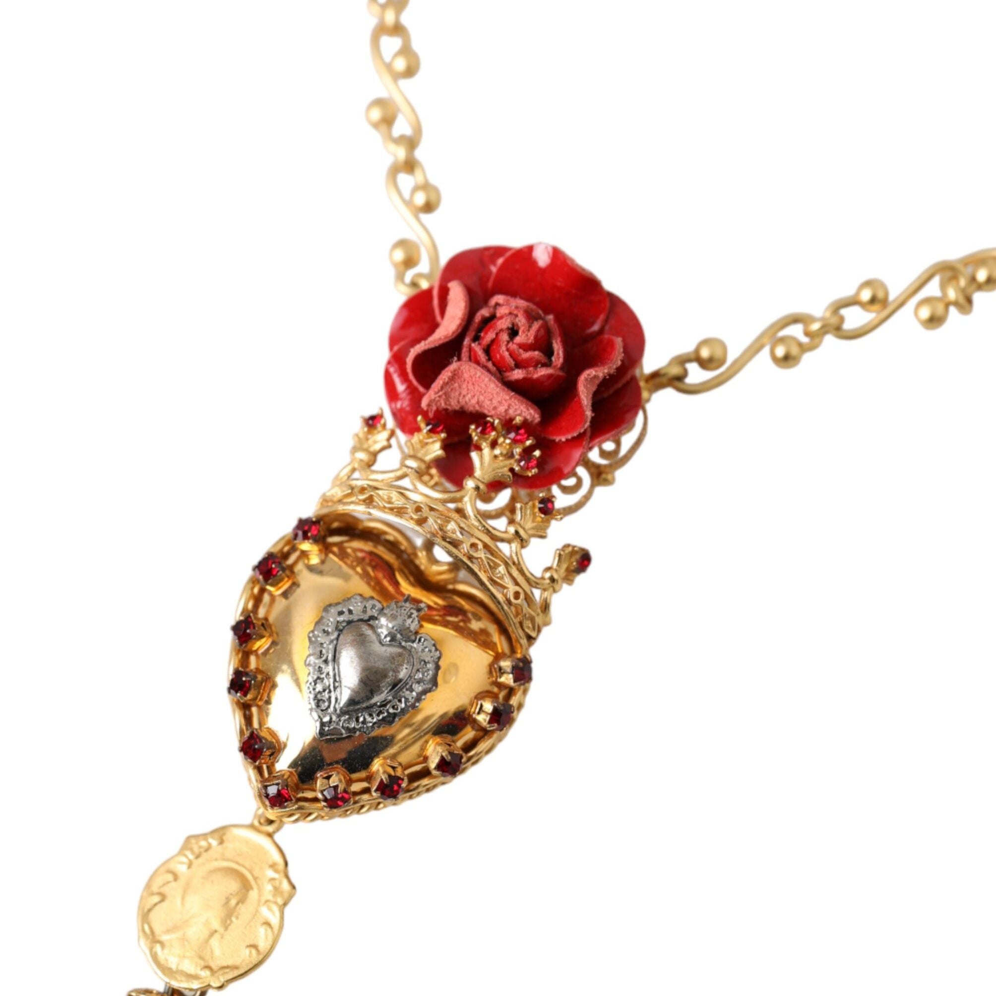 Dolce & Gabbana Gold BrassChain Sacred Heart Rose Crystal Charm Necklace