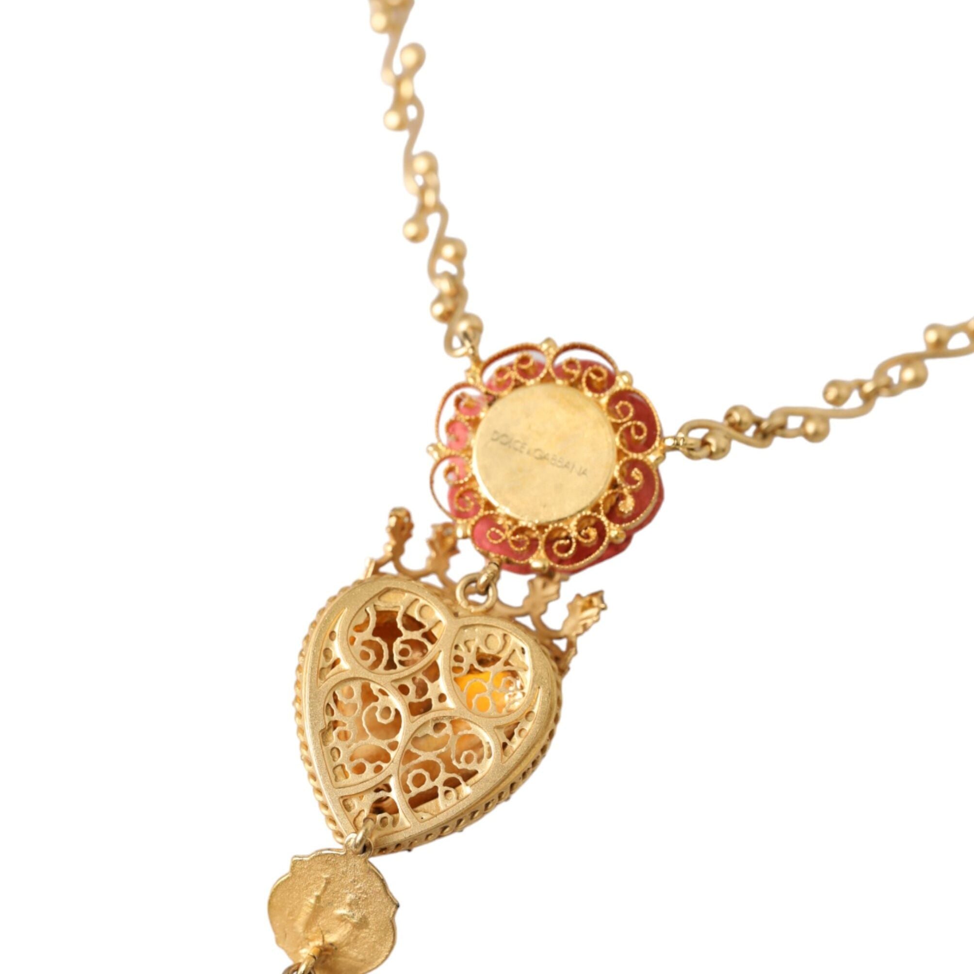 Dolce & Gabbana Gold BrassChain Sacred Heart Rose Crystal Charm Necklace