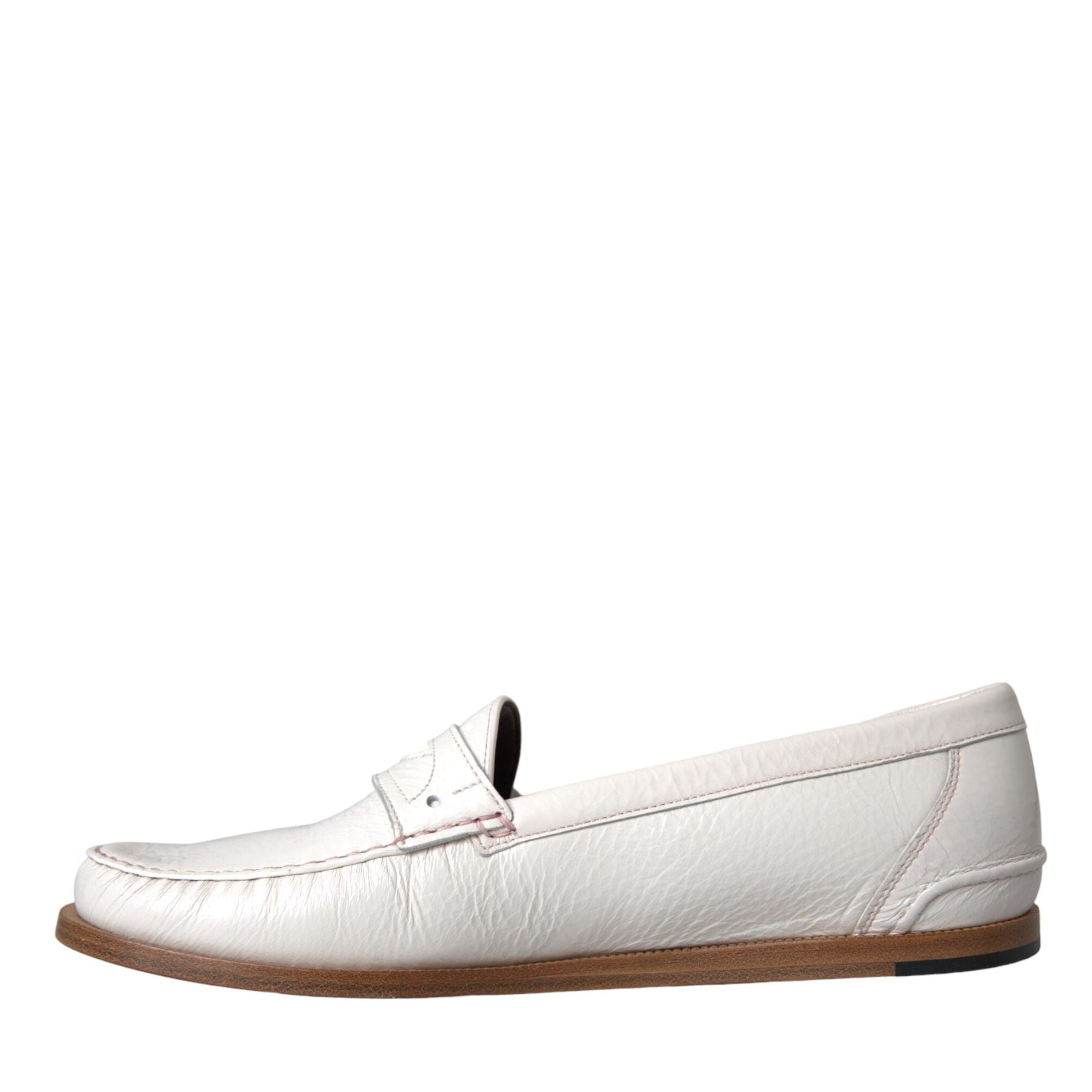 Dolce & Gabbana White Leather Slip On Mocassin Loafers Shoes