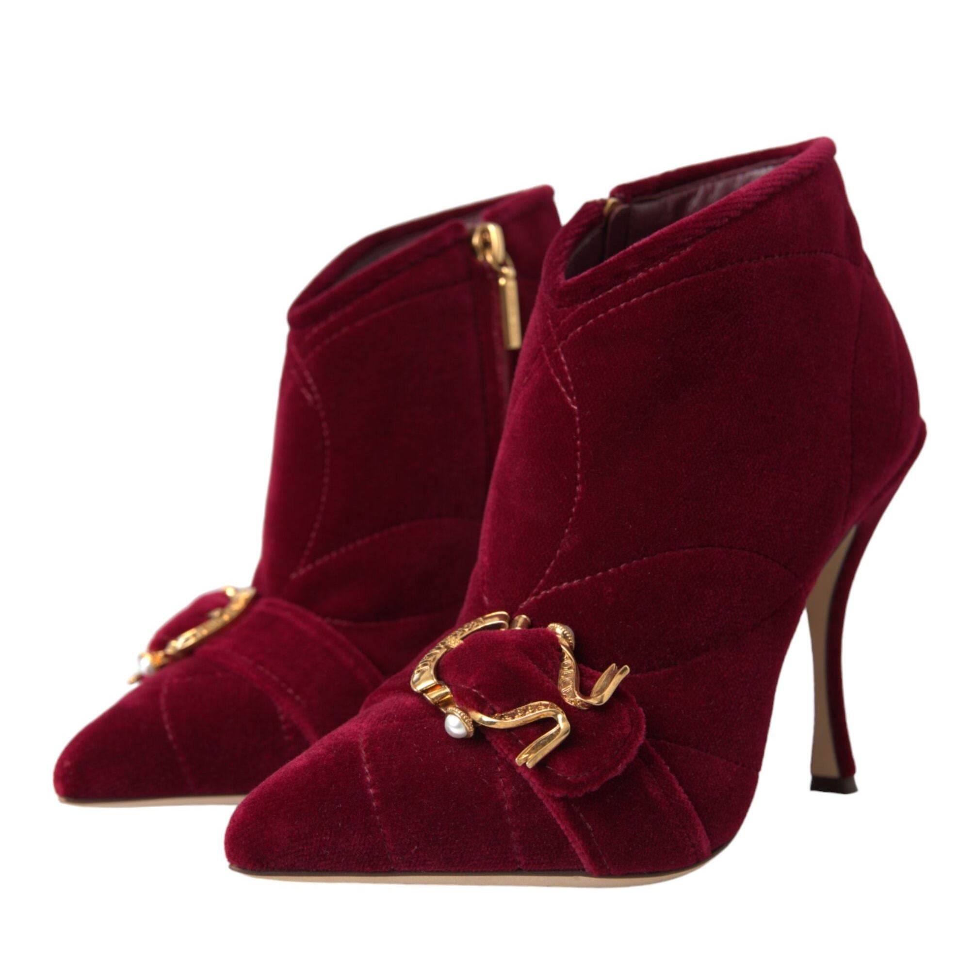Dolce & Gabbana Dark Red Velvet Devotion Buckle Boots Shoes