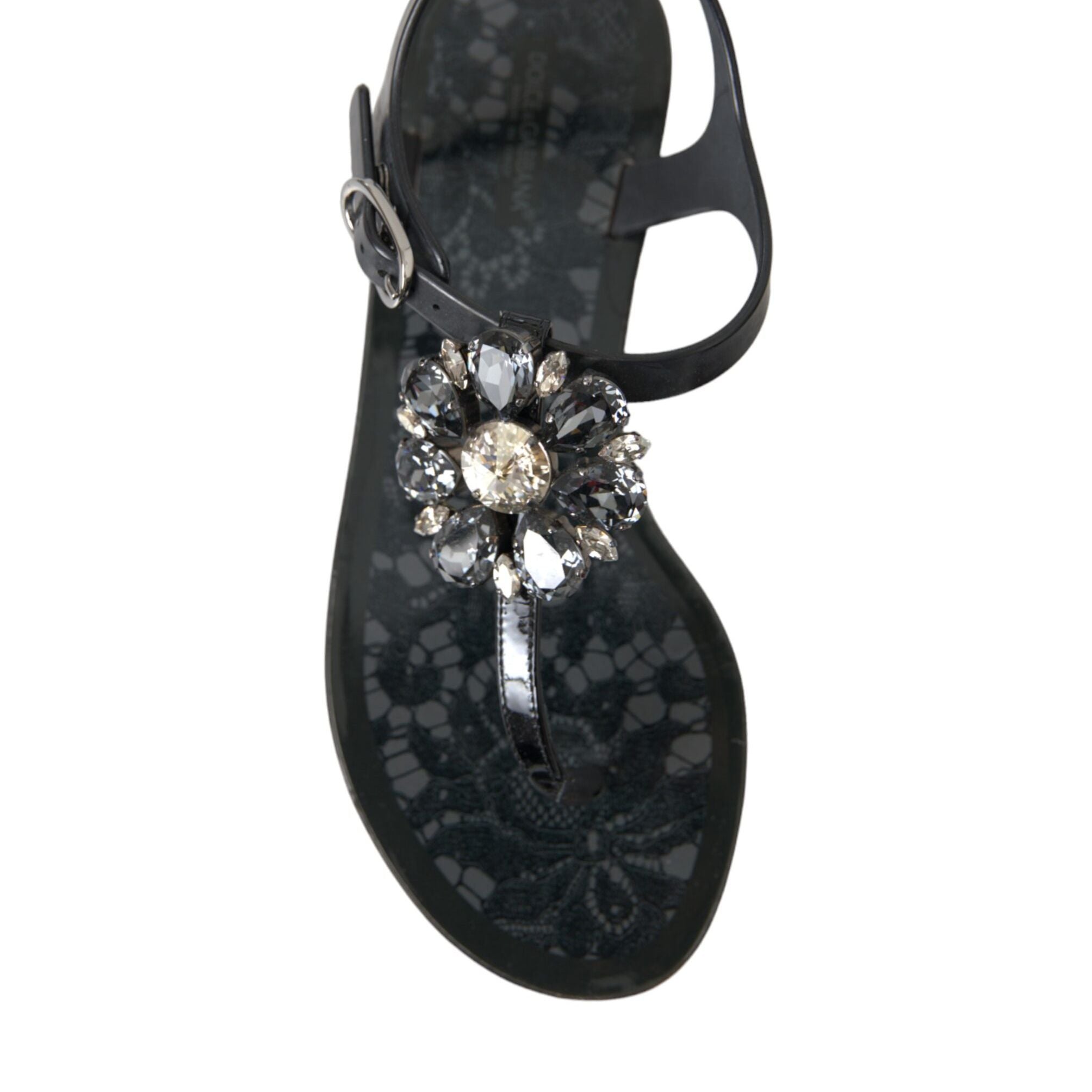 Dolce & Gabbana Black Crystal Flats Sandals Flip Flops Shoes