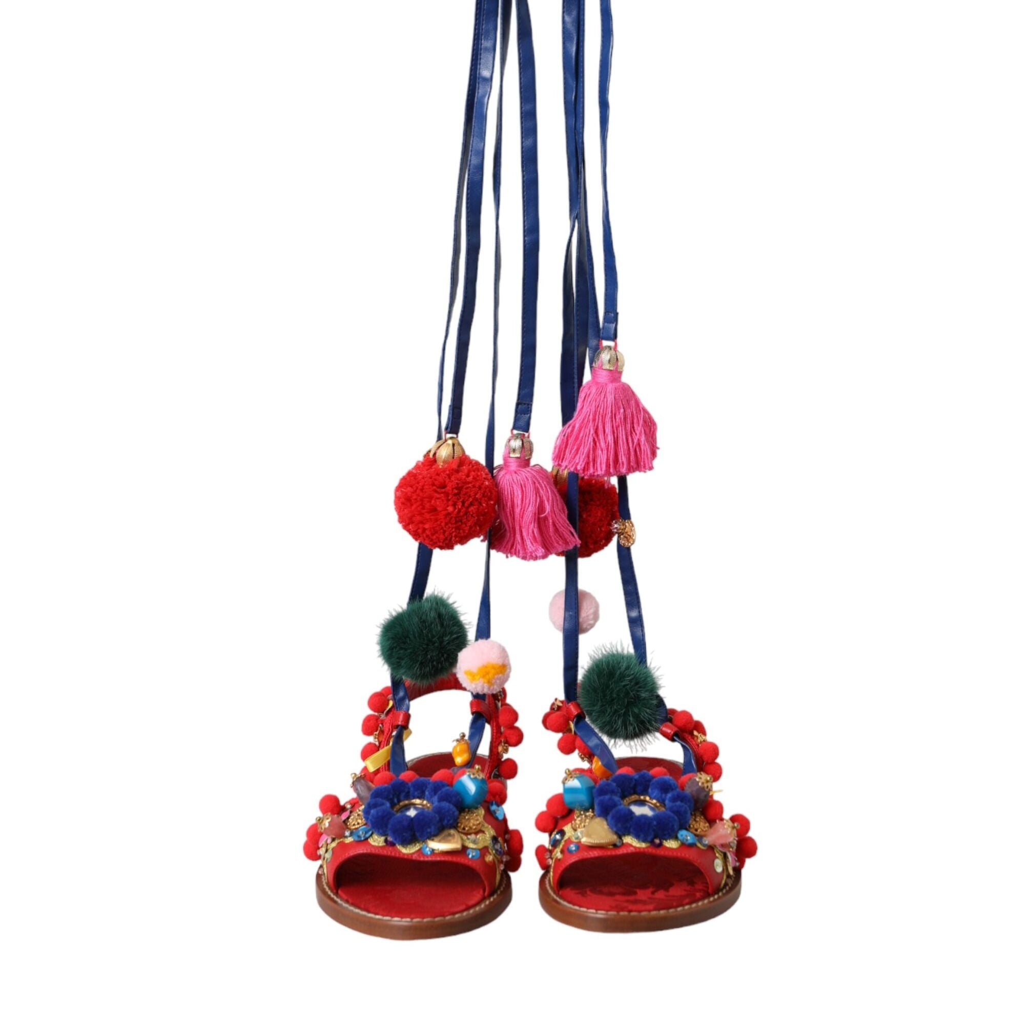 Dolce & Gabbana Multicolor Pom Pom Fur Wrap Sandals Shoes