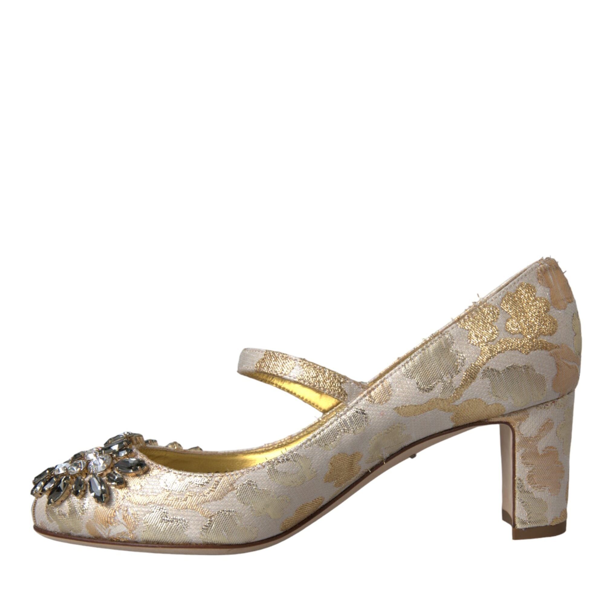 Dolce & Gabbana Gold Jacquard Crystal Mary Janes Pumps Shoes