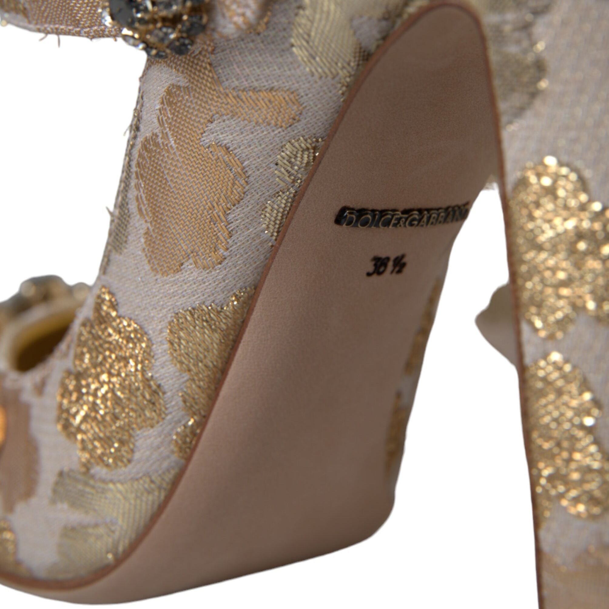 Dolce & Gabbana Gold Jacquard Crystal Mary Janes Pumps Shoes