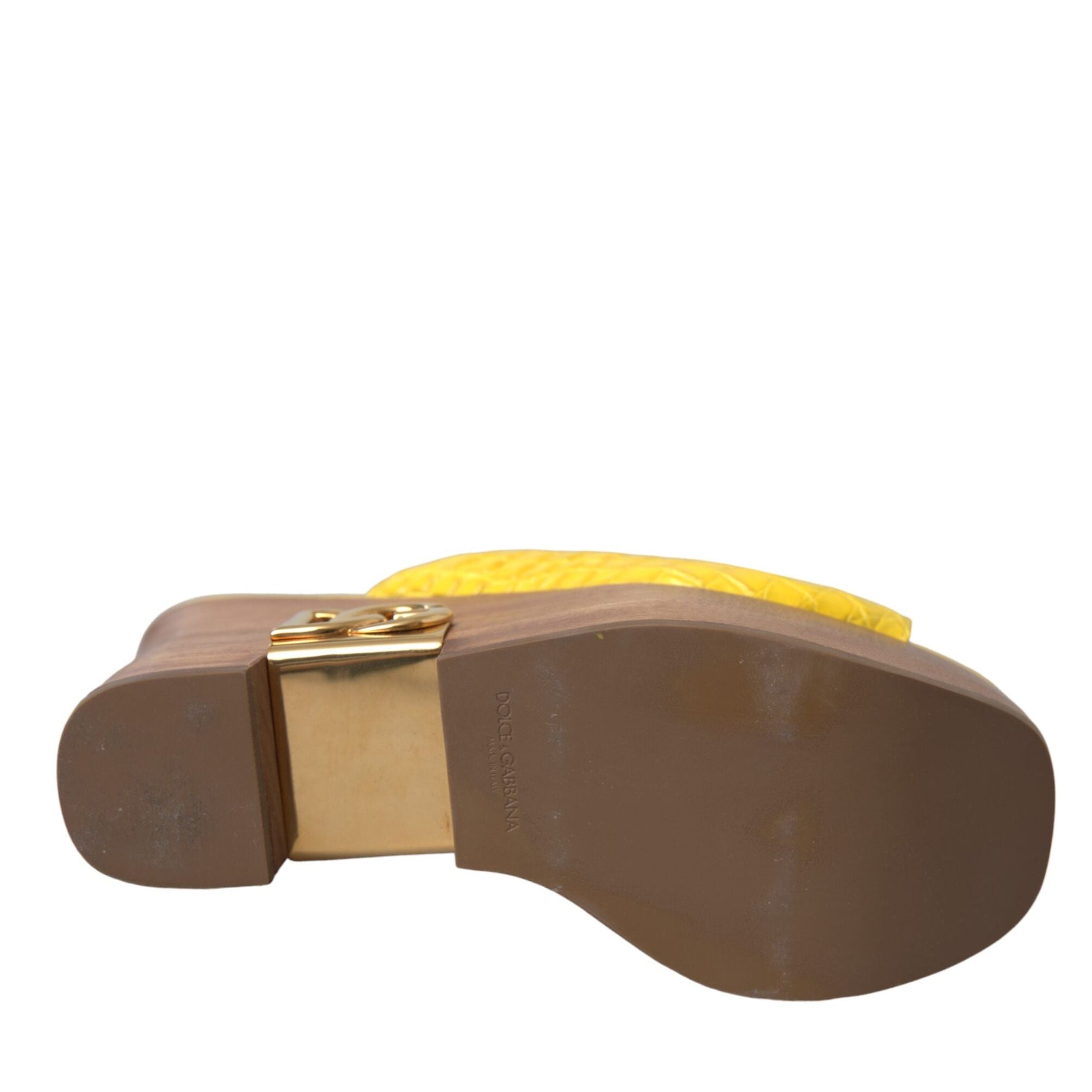 Dolce & Gabbana Yellow Leather Wood Mule Wedge Slides Shoes