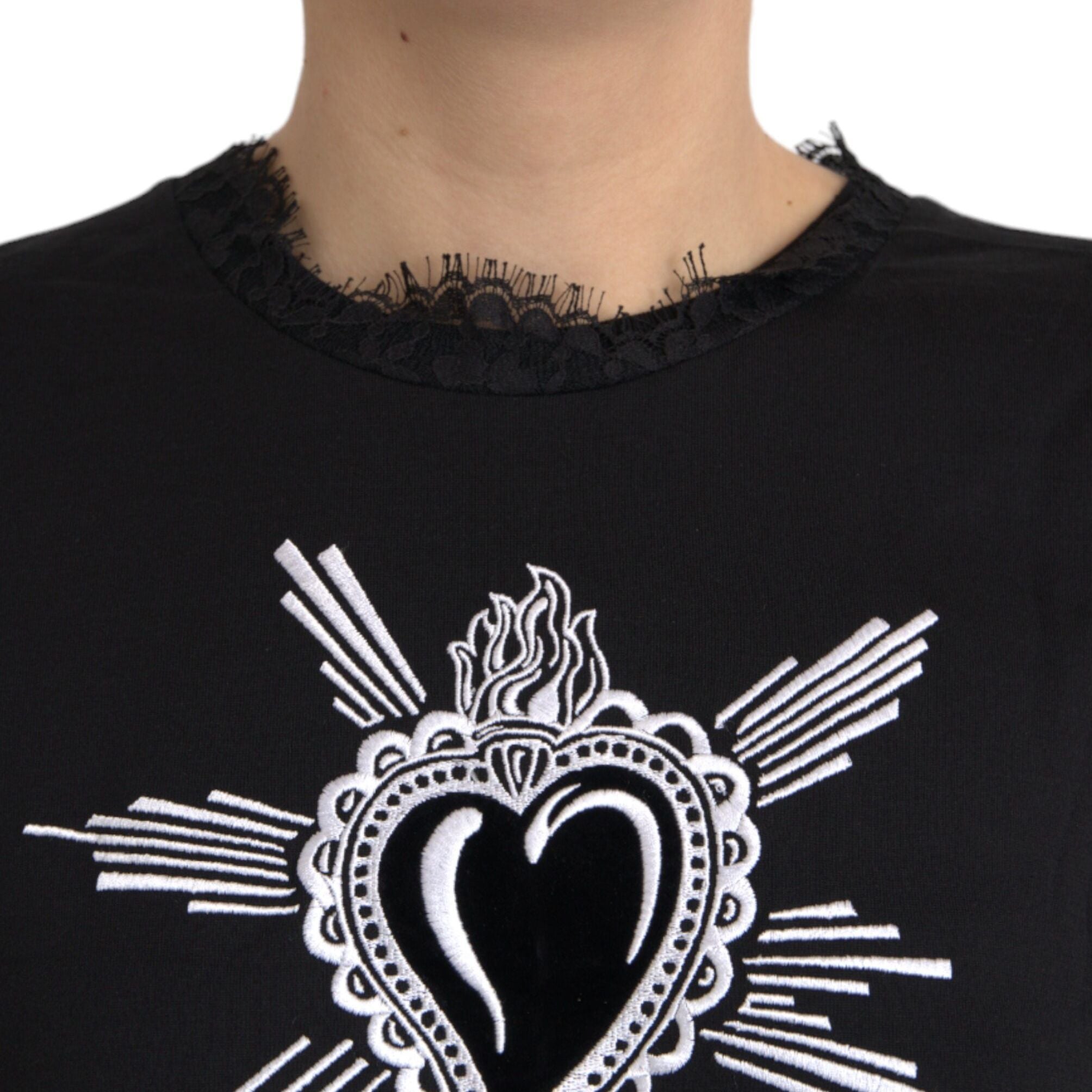 Dolce & Gabbana Black Sacred Heart Print Cotton Lace T-shirt