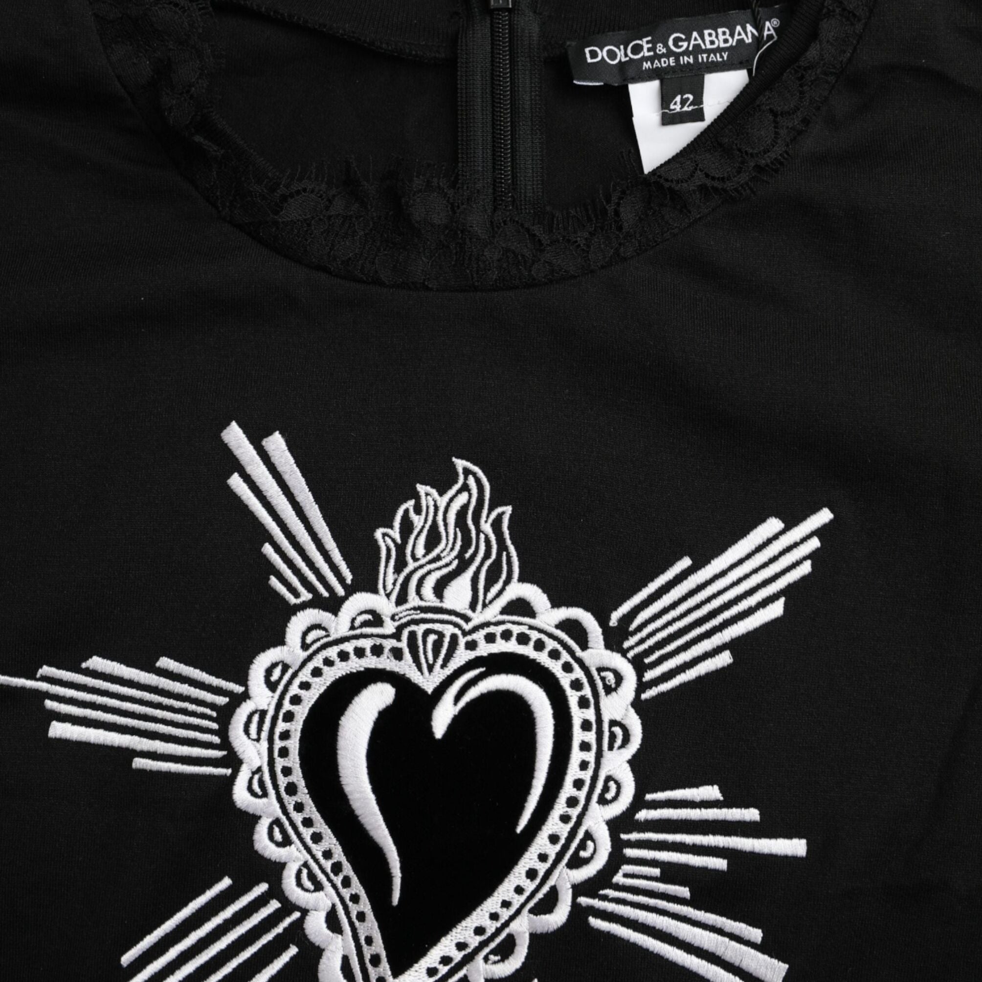 Dolce & Gabbana Black Sacred Heart Print Cotton Lace T-shirt