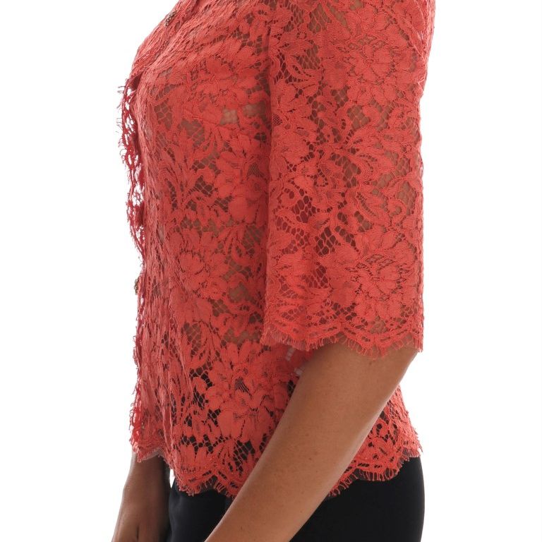 Dolce & Gabbana Orange Crystal Buttons Floral Lace Blouse