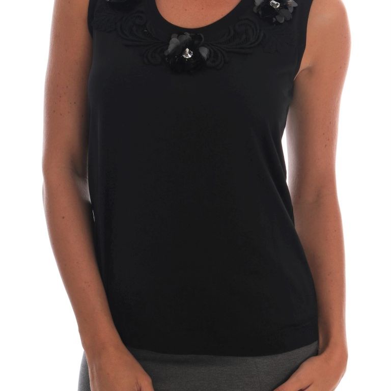 Dolce & Gabbana Black Cotton Floral Crystal Tank Top