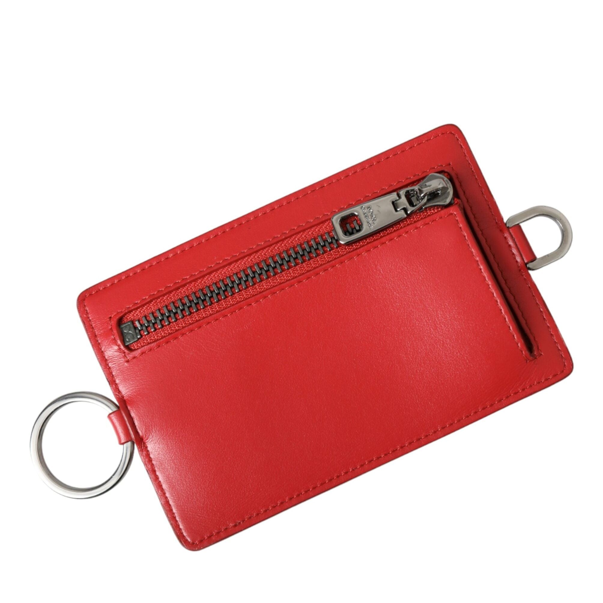 Dolce & Gabbana Red Calfskin Leather Lanyard Logo Card Holder Wallet
