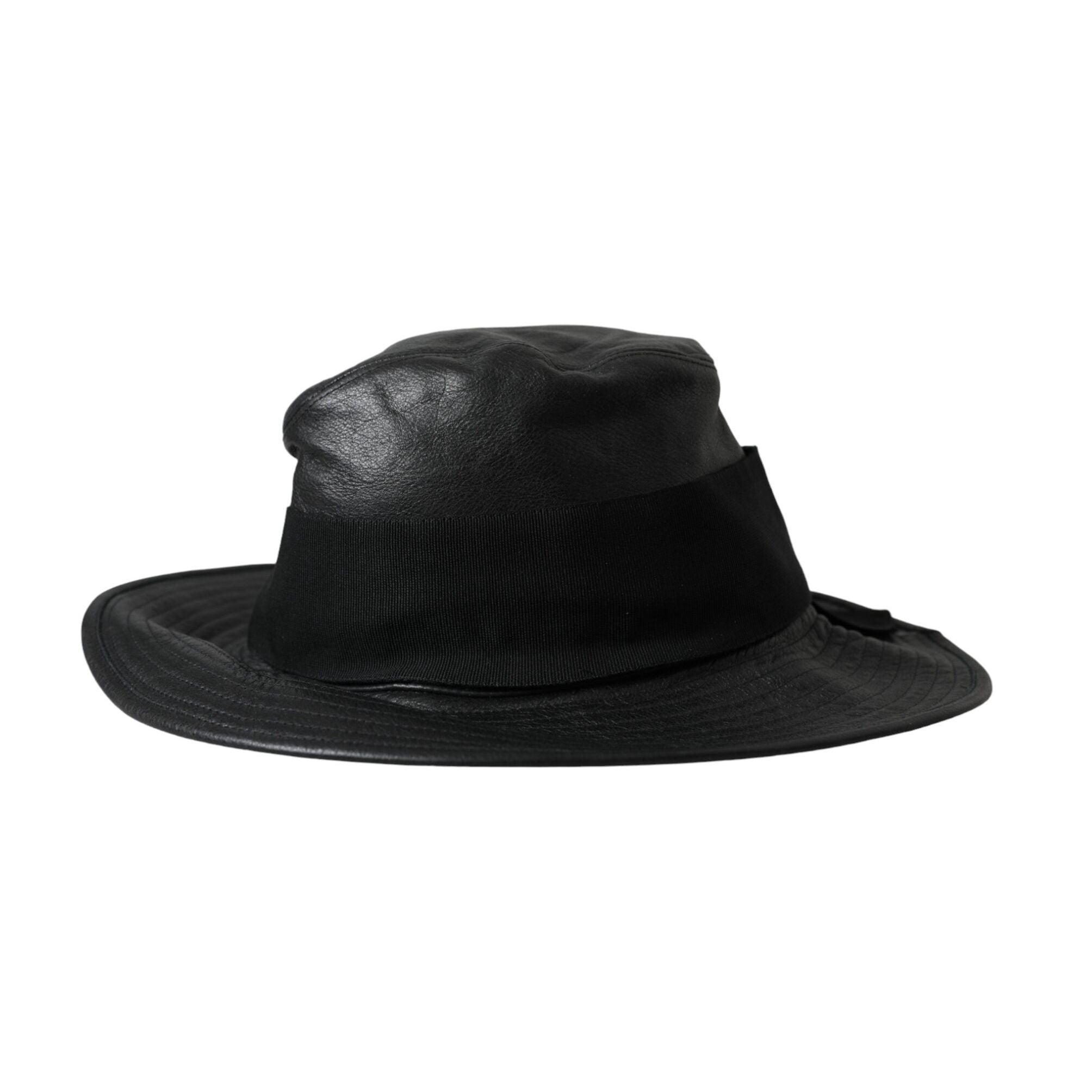 Dolce & Gabbana Black Leather DG Coin Crystal Wide Brim Hat