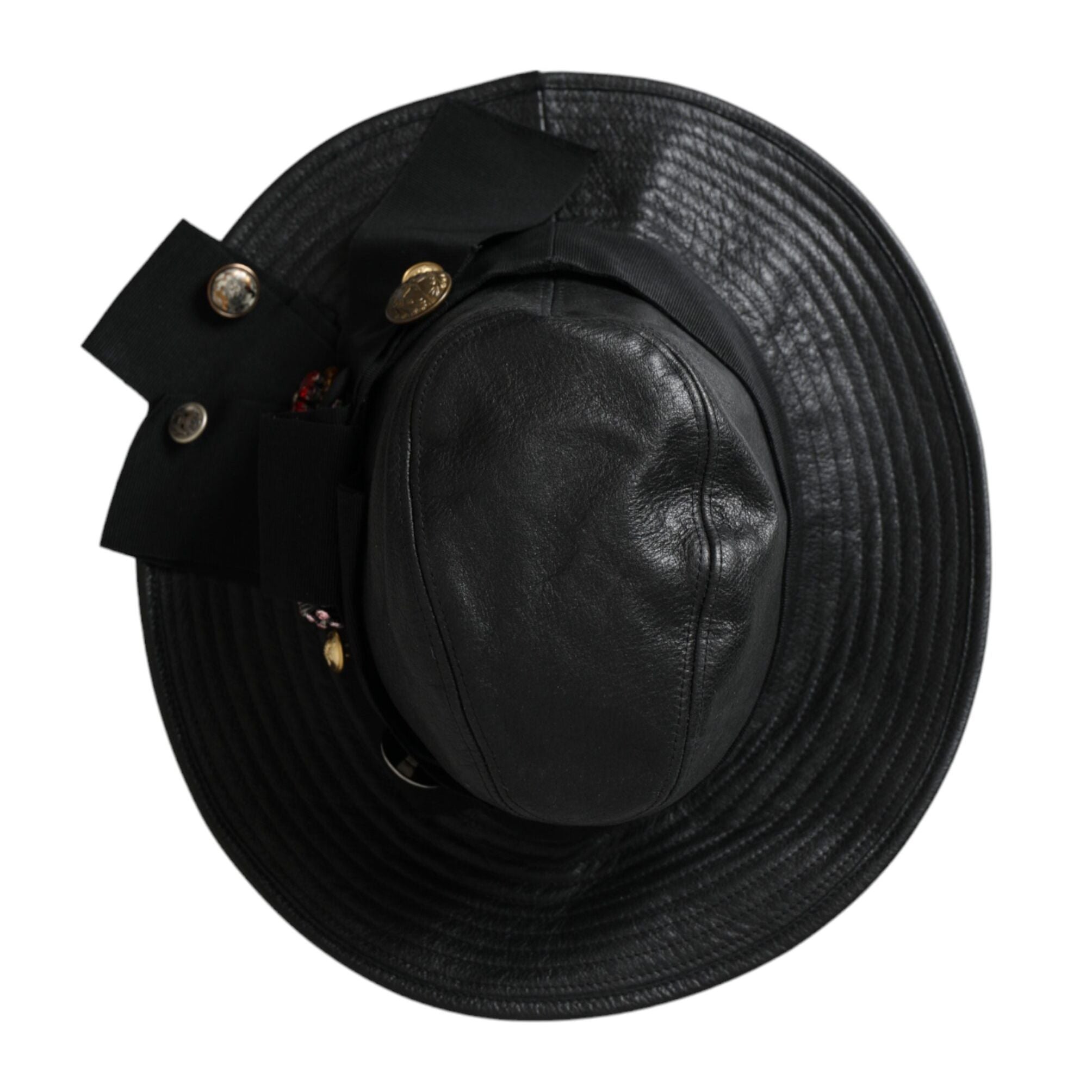 Dolce & Gabbana Black Leather DG Coin Crystal Wide Brim Hat
