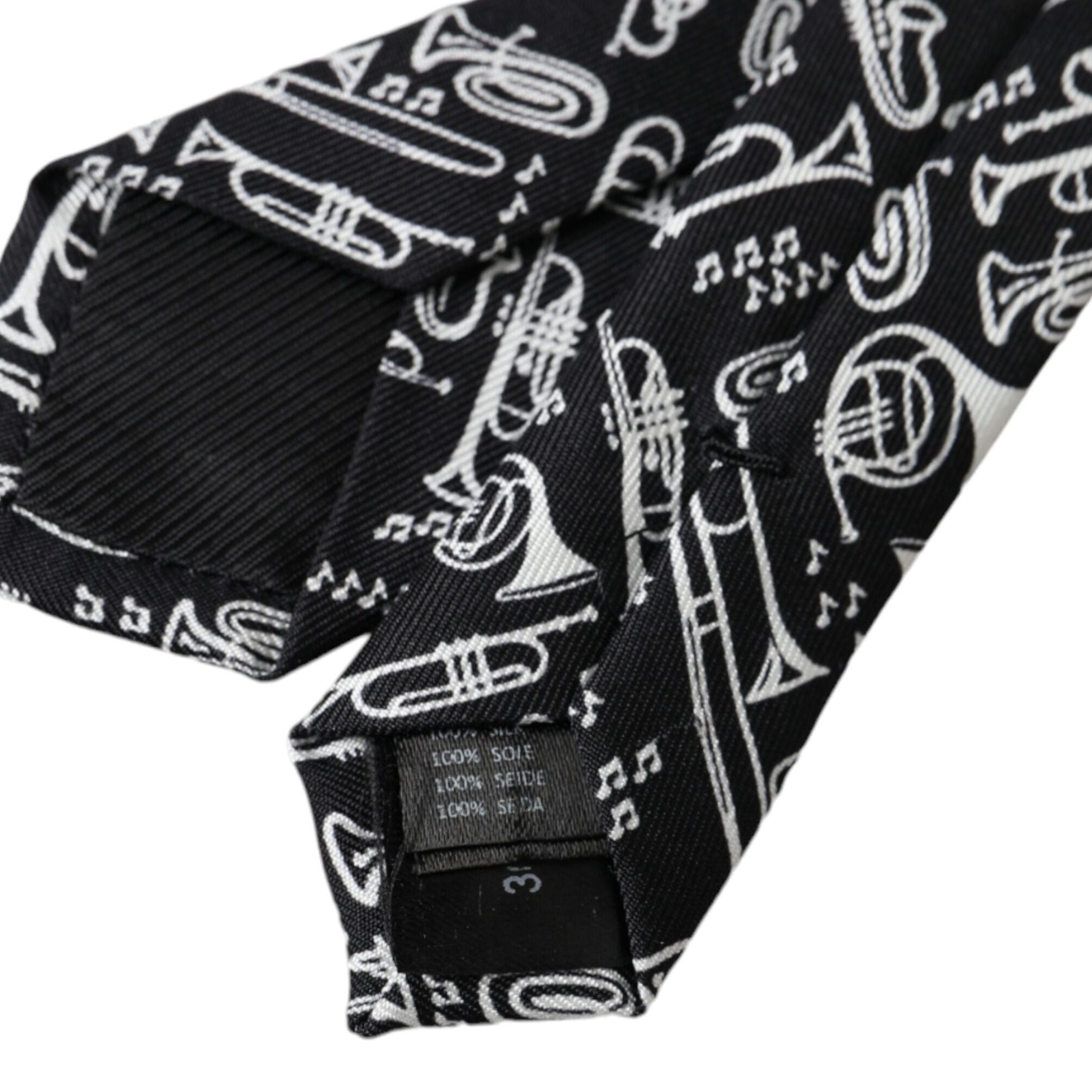 Dolce & Gabbana Black Trumpet Print Silk Adjustable Tie