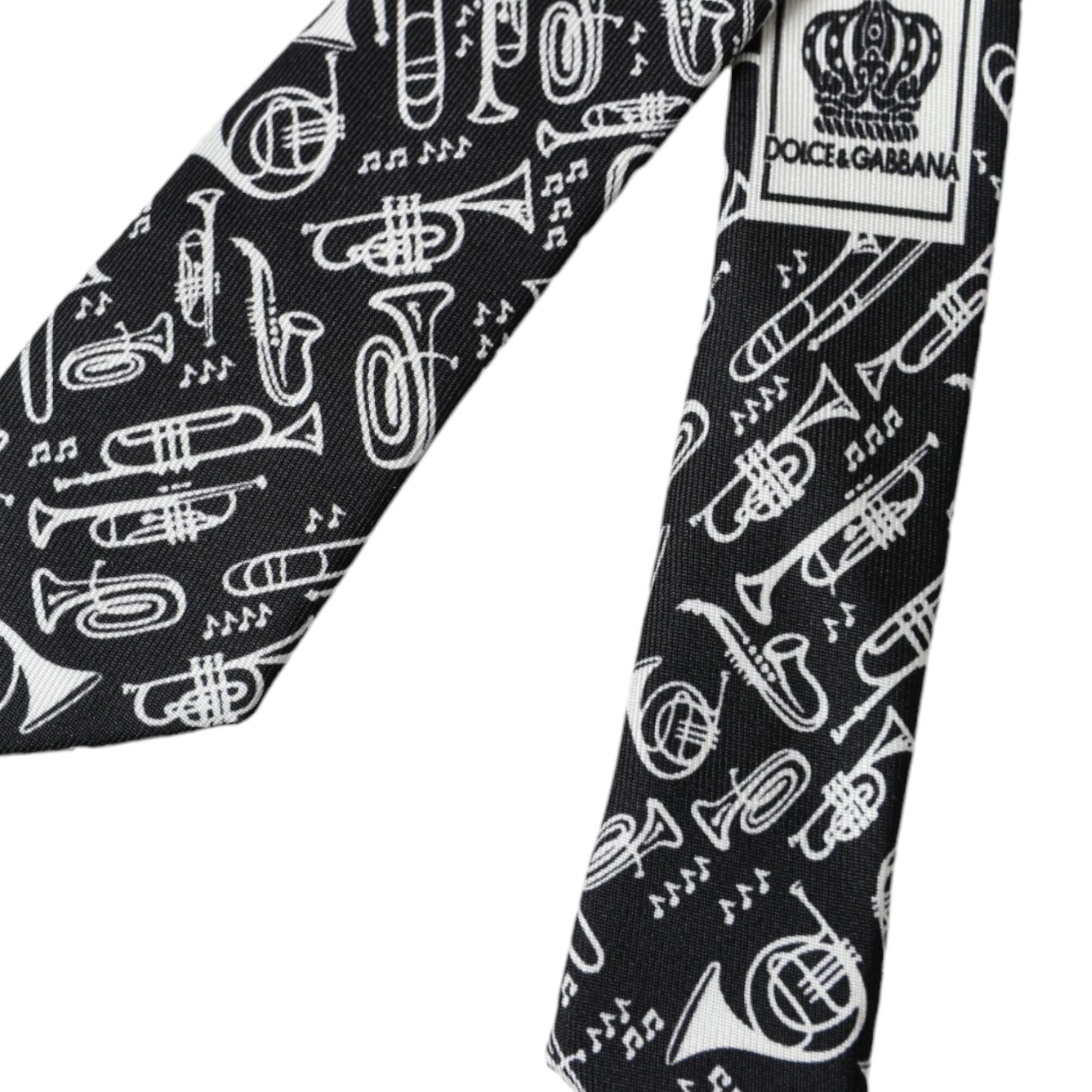 Dolce & Gabbana Black Trumpet Print Silk Adjustable Tie