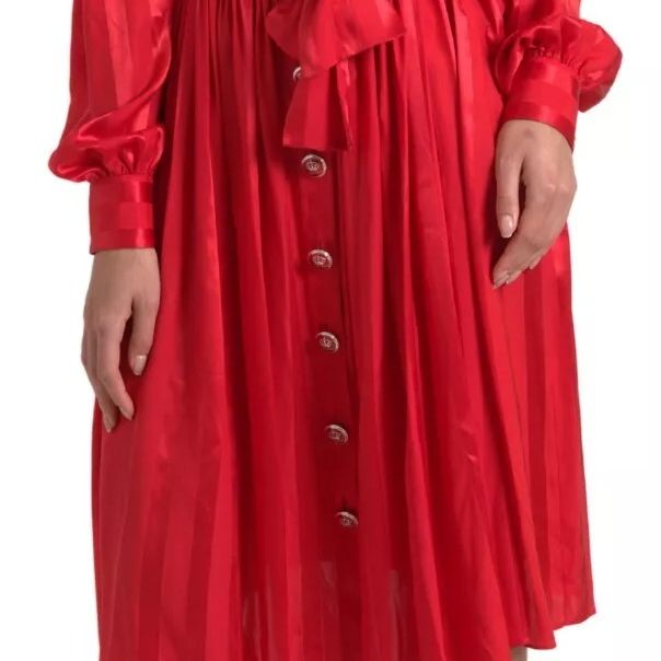Dolce & Gabbana Red Button Down Belted Midi Satin Silk Dress