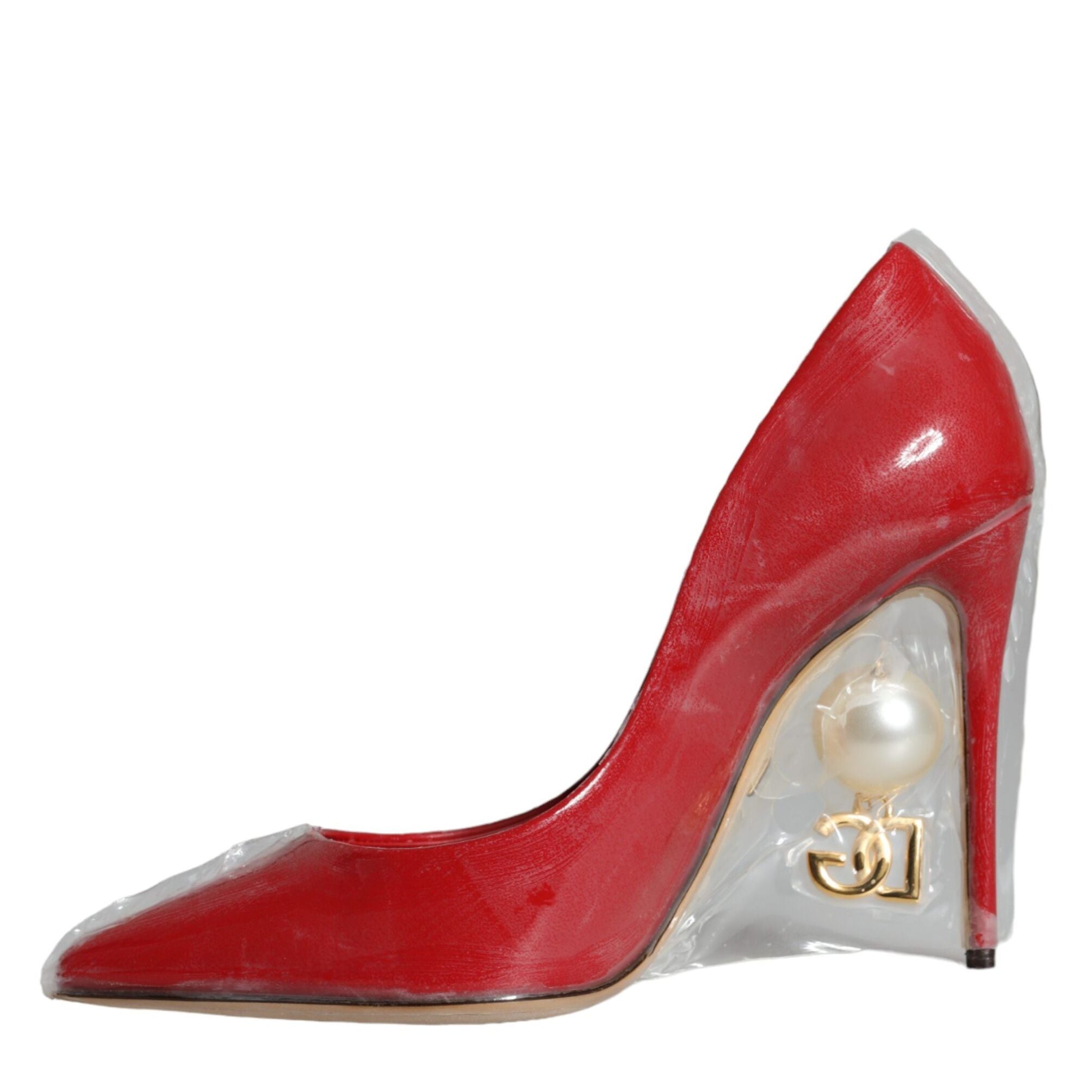 Dolce & Gabbana Red Patent Leather Faux Pearl Heels Pumps Shoes