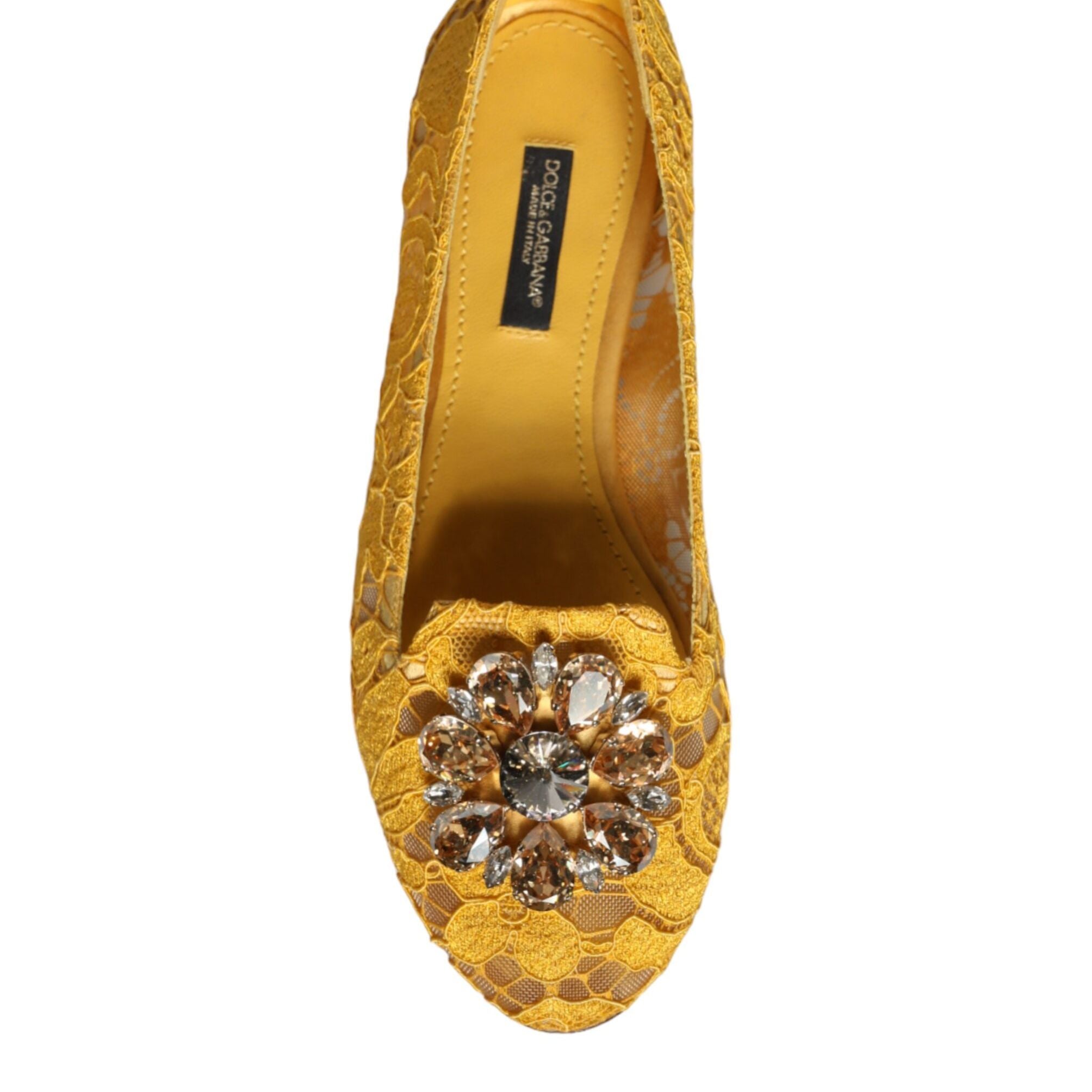Dolce & Gabbana Mustard Lace Crystal Ballet Flats Loafer Shoes