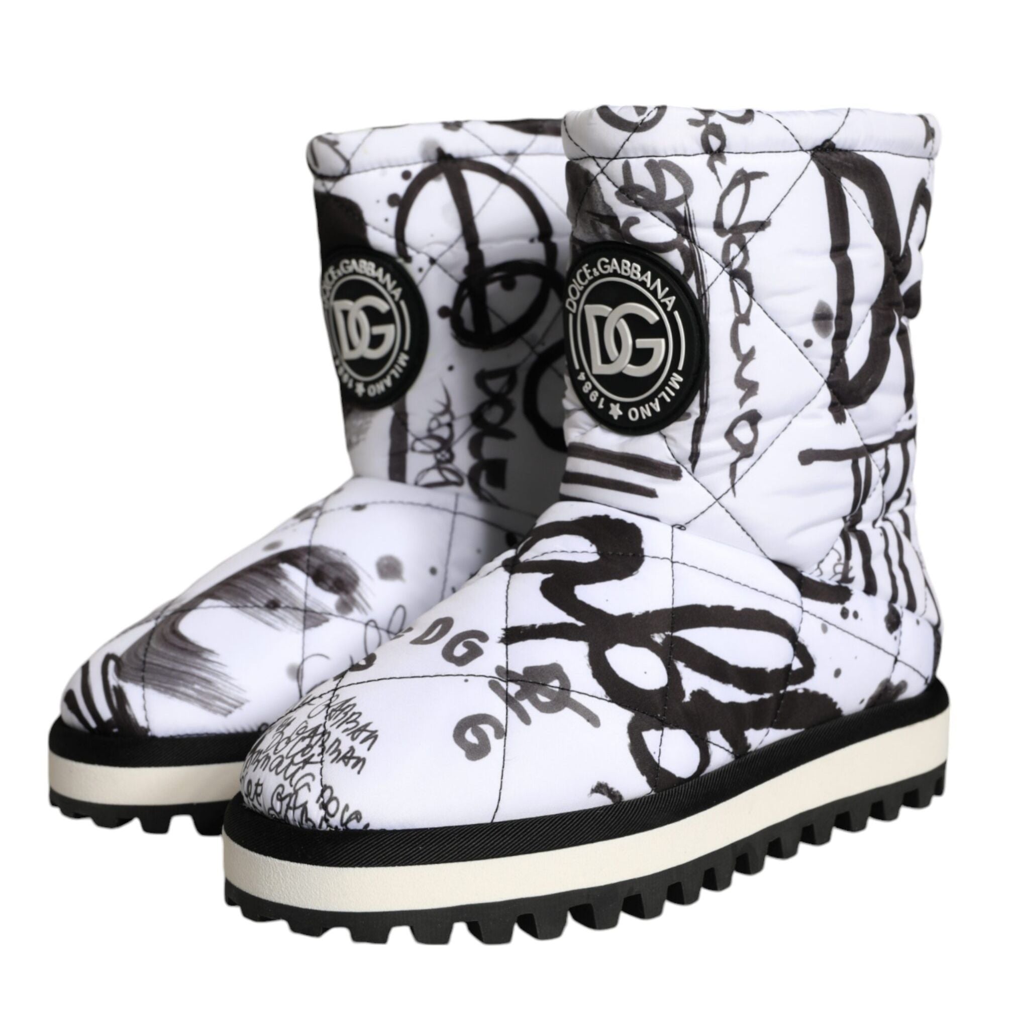 Dolce & Gabbana White Padded Logo Print Mid Calf Boots Shoes
