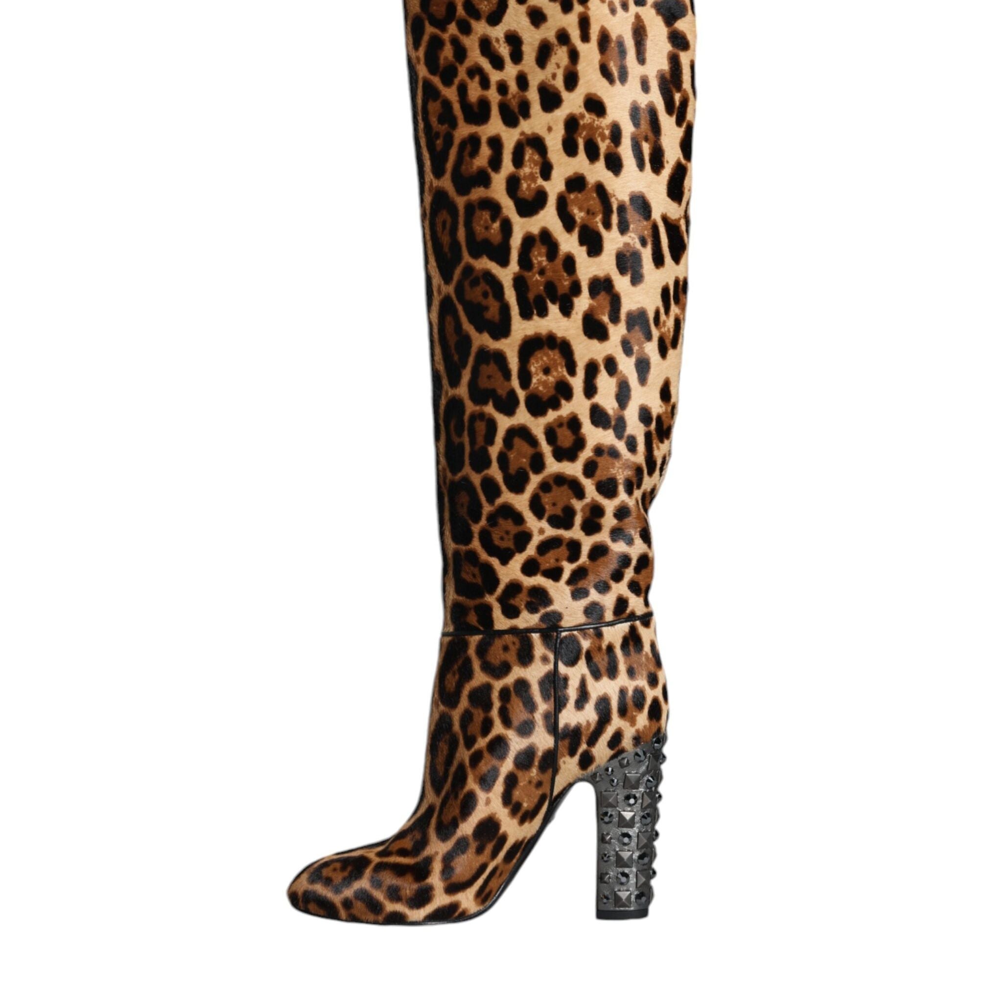 Dolce & Gabbana Beige Black Leopard Knee High Boots Shoes