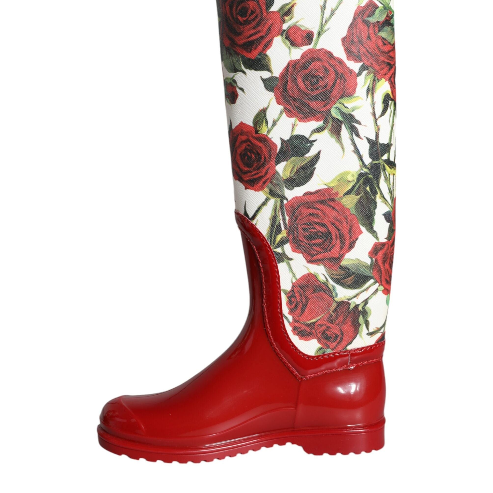 Dolce & Gabbana Red Floral Rubber Knee High Flat Boots Shoes