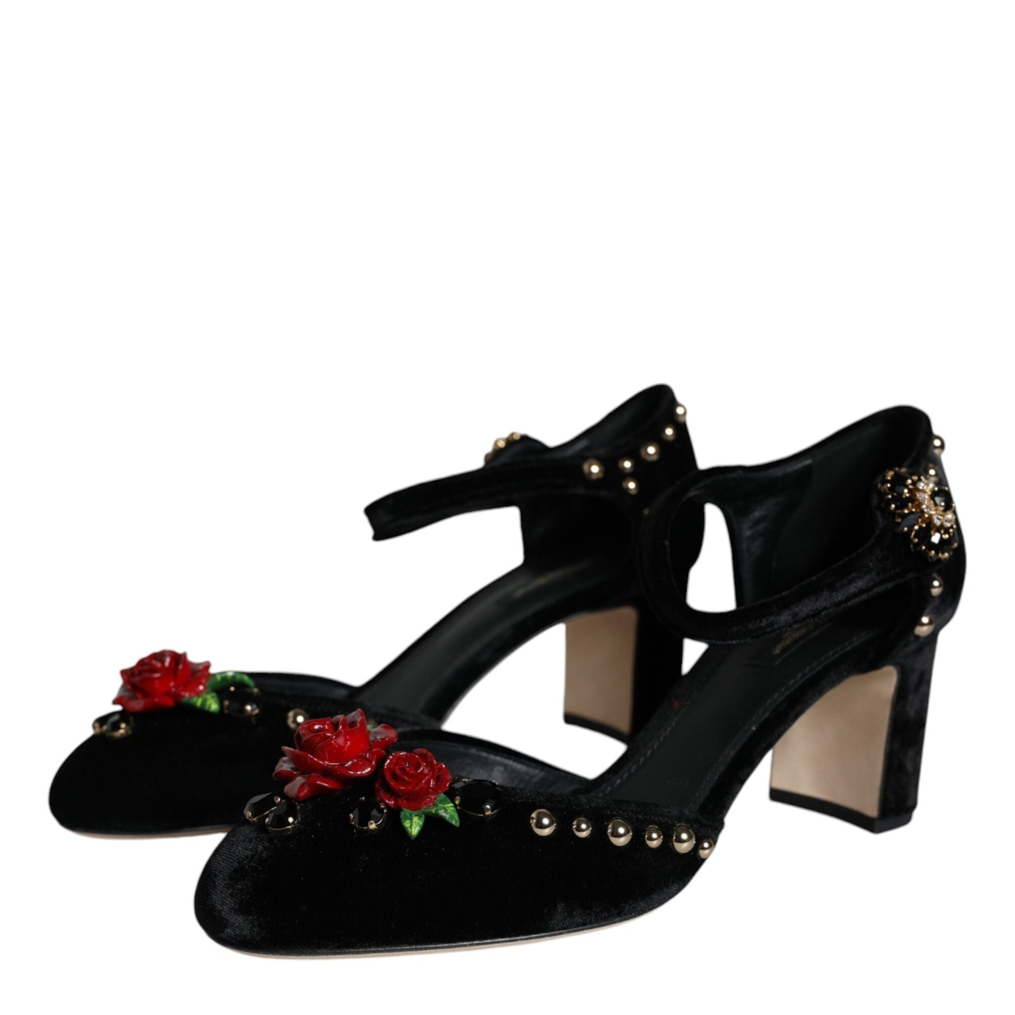 Dolce & Gabbana Black Velvet Roses Ankle Strap Pumps Shoes