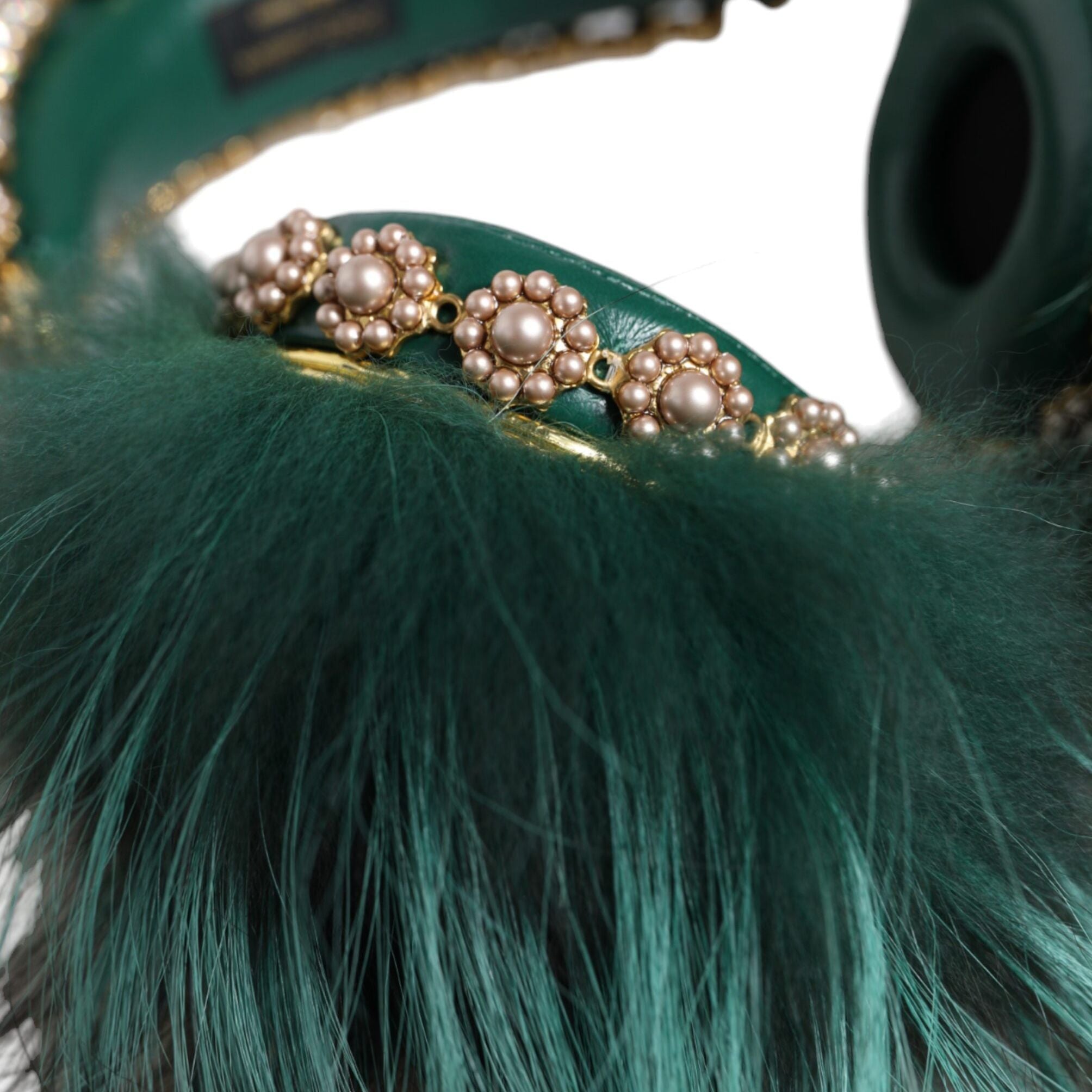 Dolce & Gabbana Green Gold Crystal Fur Headset Audio AUX Headphones