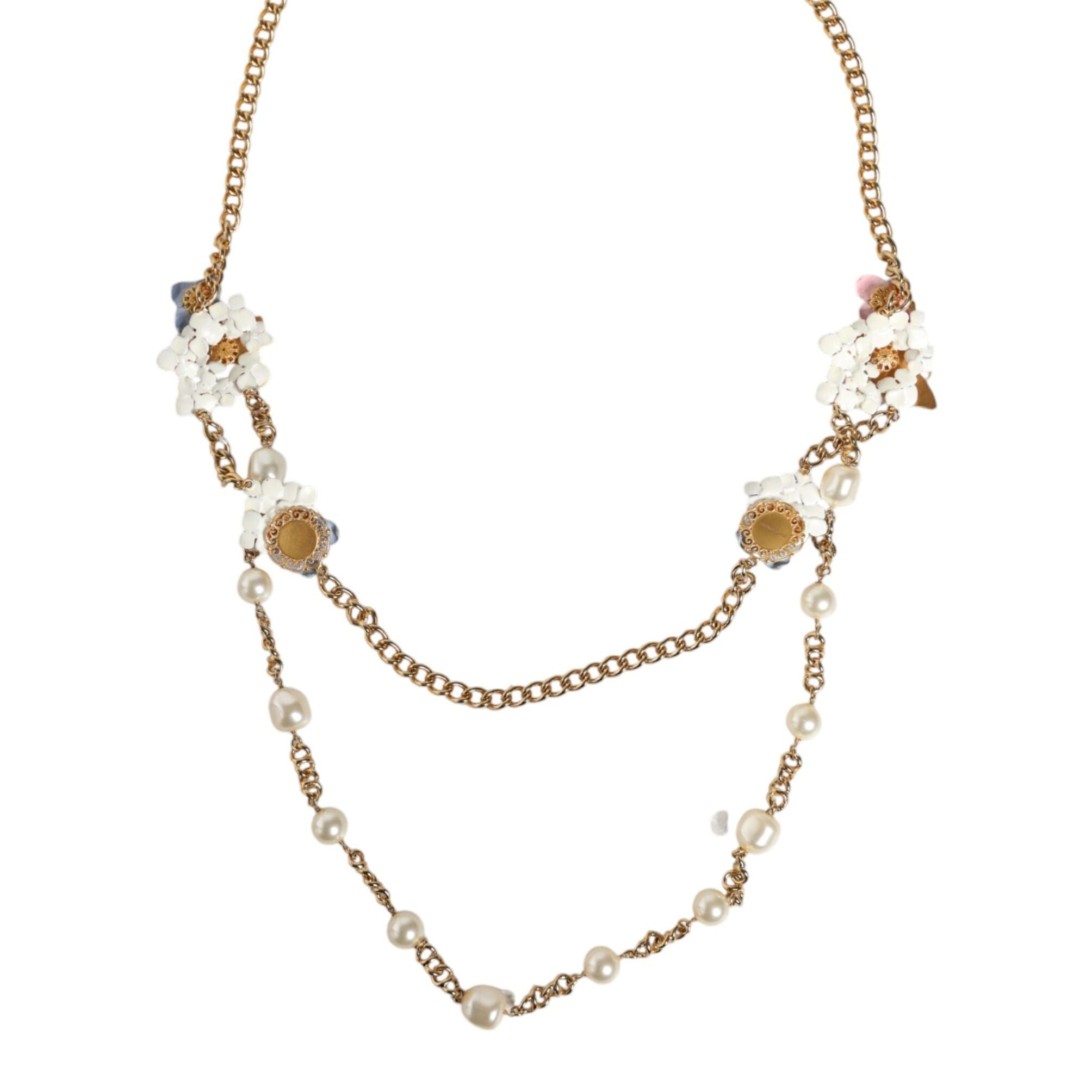 Dolce & Gabbana Gold Chain Brass Floral Layered Crystal Pearl Necklace