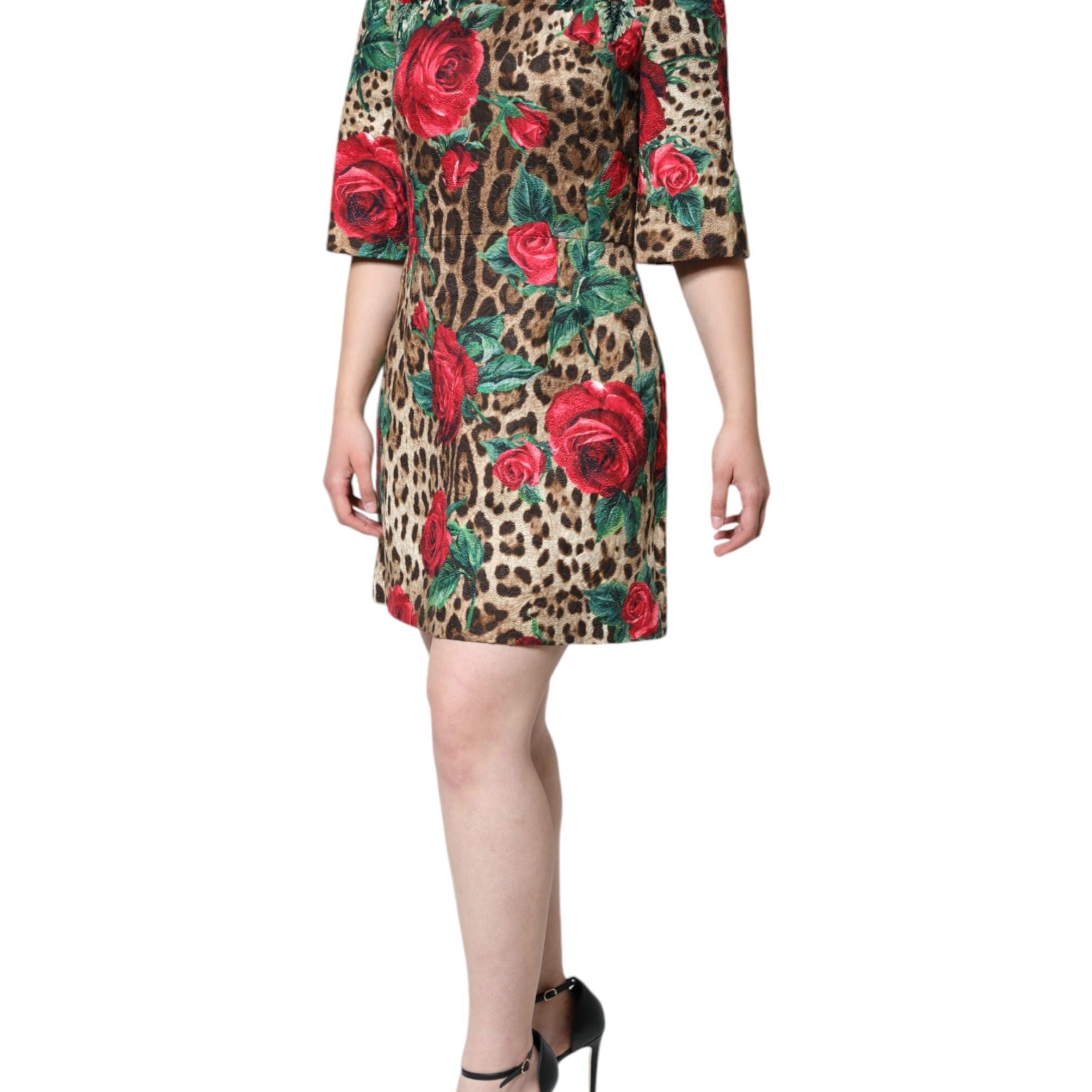 Dolce & Gabbana Brown Leopard Red Roses Cotton A-line Dress