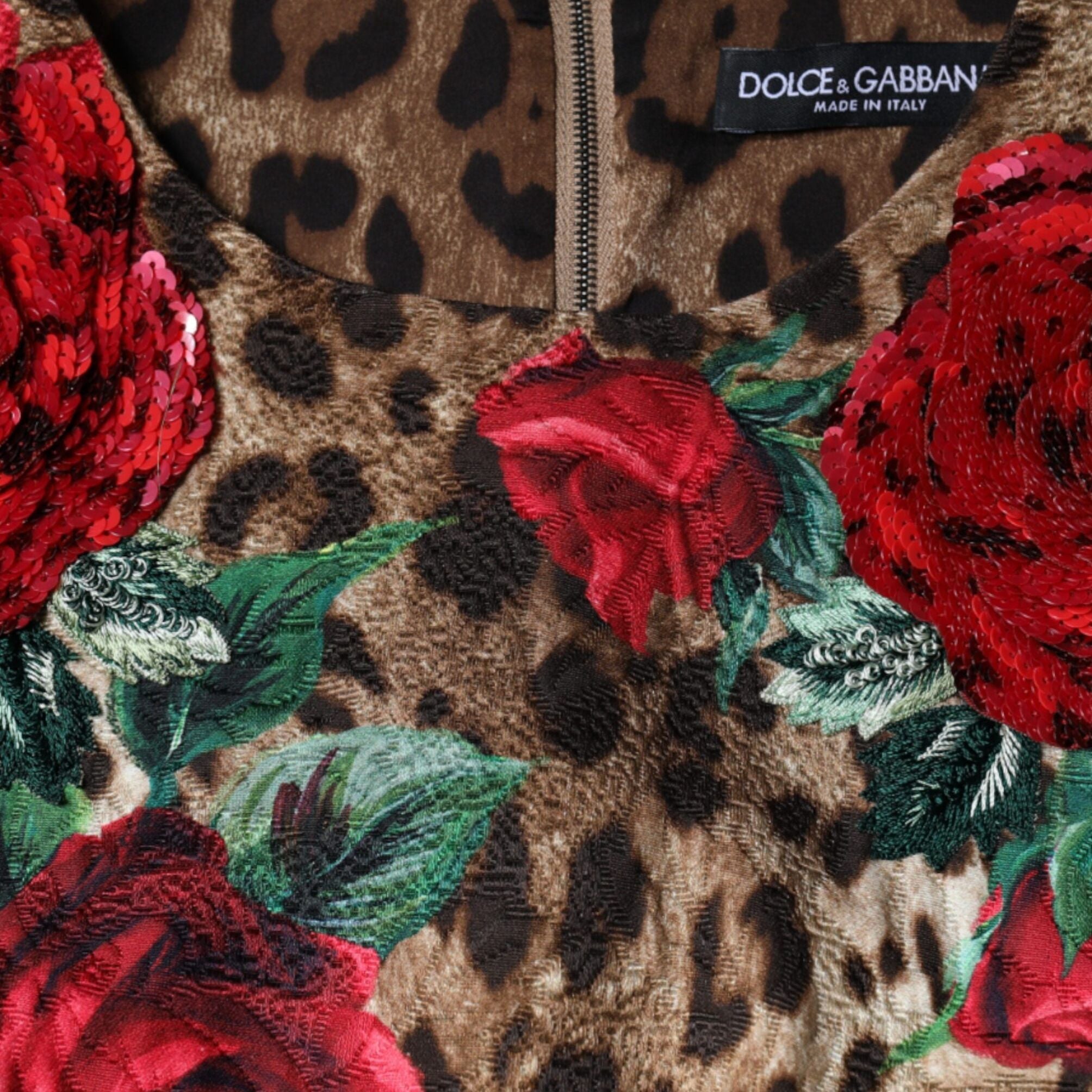Dolce & Gabbana Brown Leopard Red Roses Cotton A-line Dress