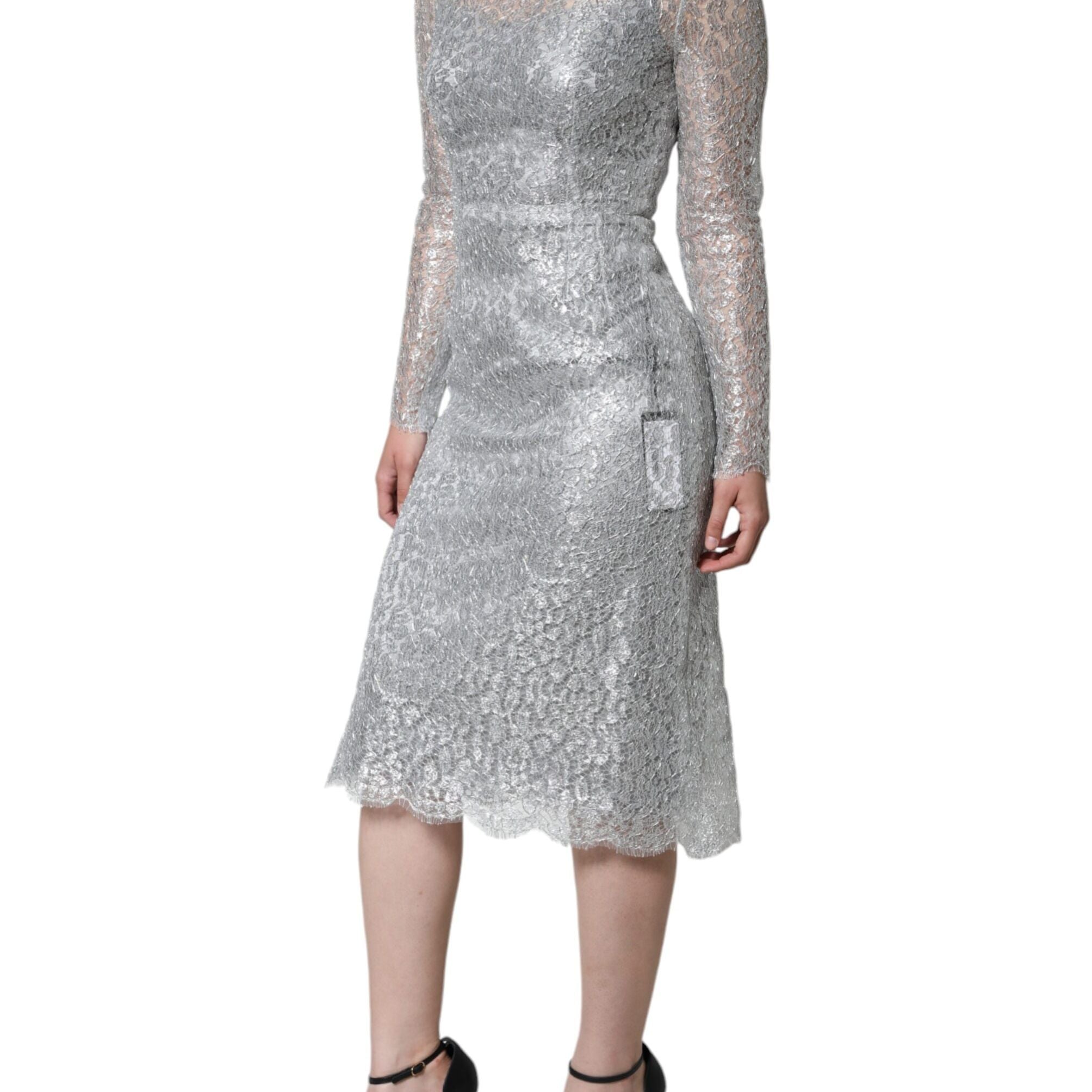 Dolce & Gabbana Silver Floral Lace Bodycon Sheath Midi Dress