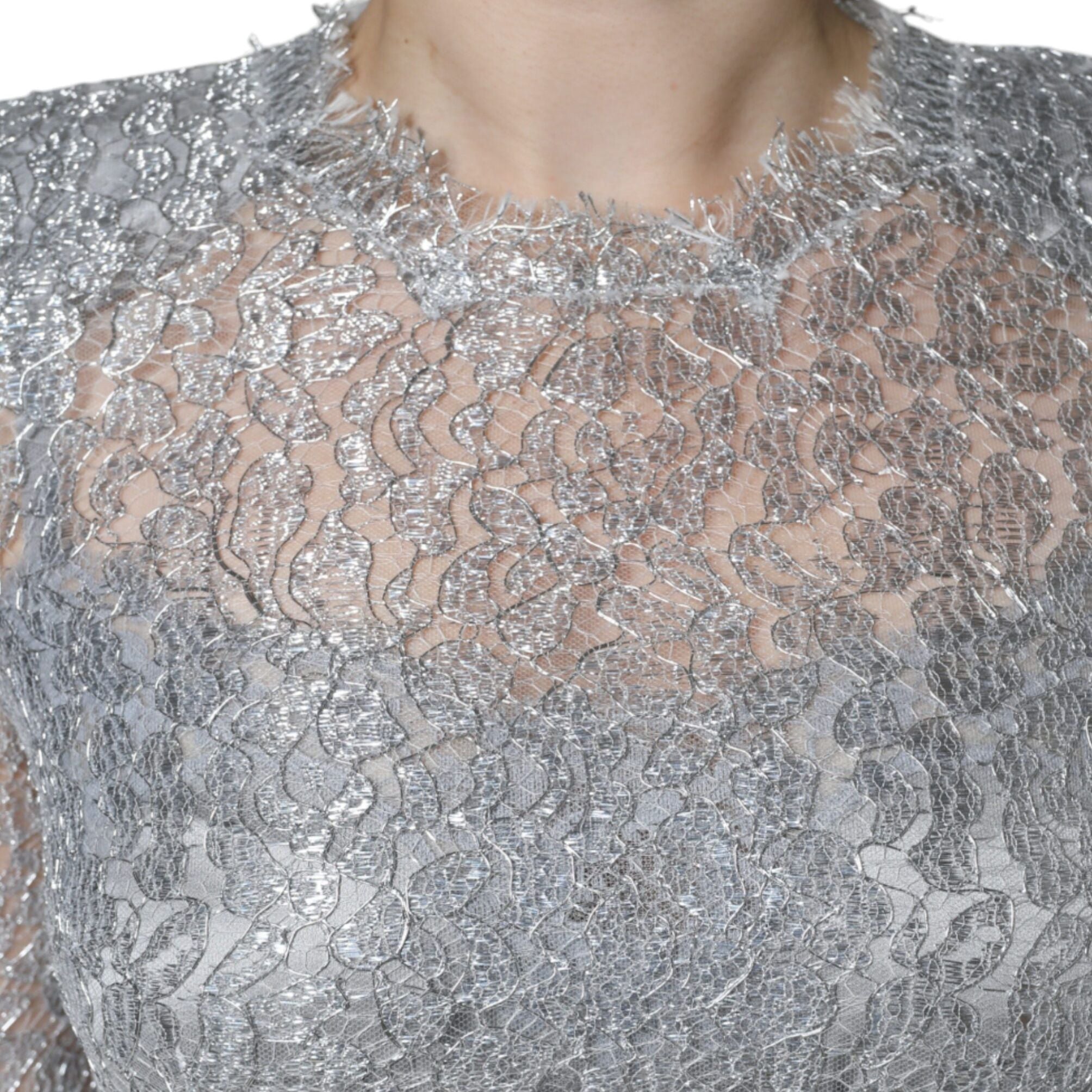 Dolce & Gabbana Silver Floral Lace Bodycon Sheath Midi Dress