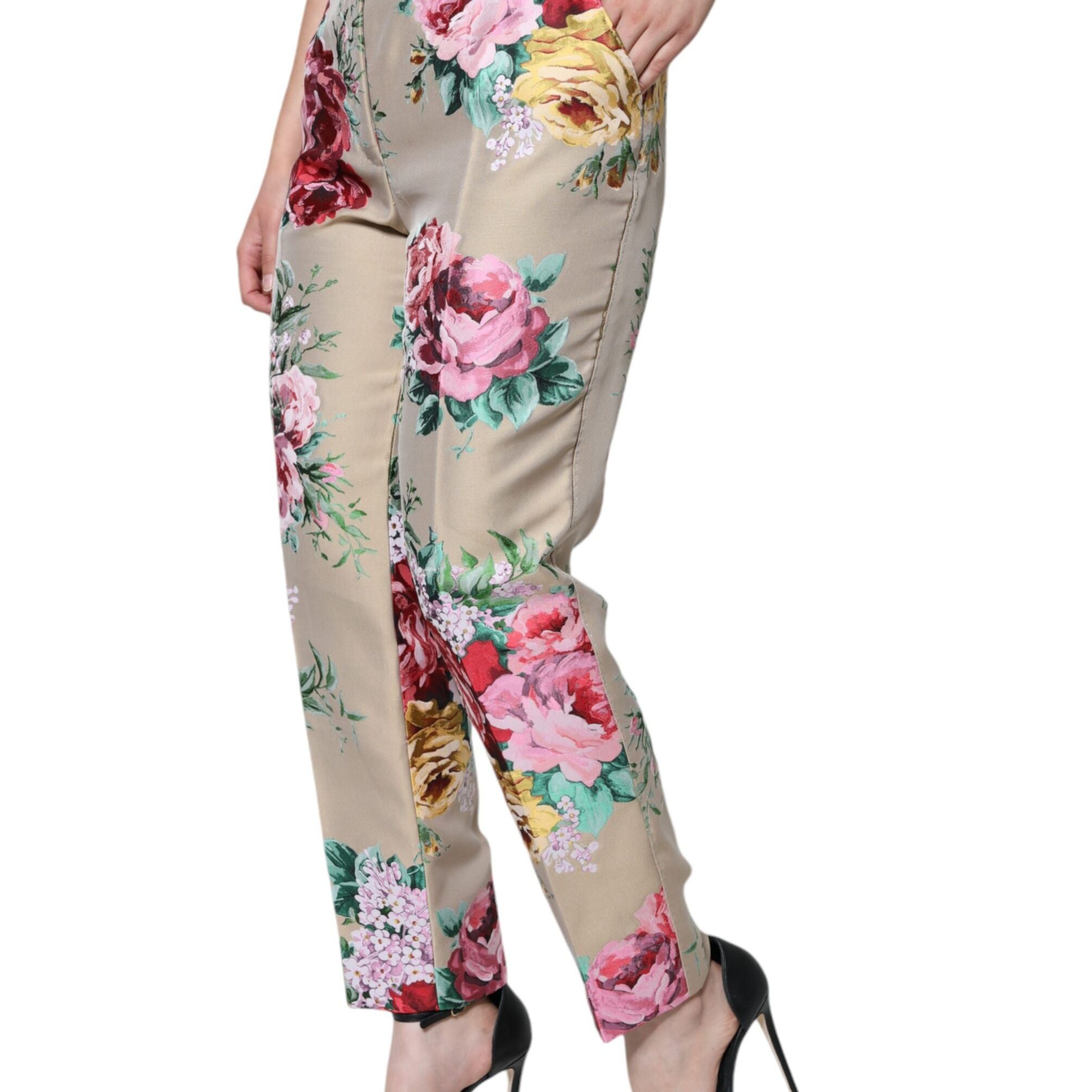 Dolce & Gabbana Beige Floral Jacquard High Waist Tapered Pants