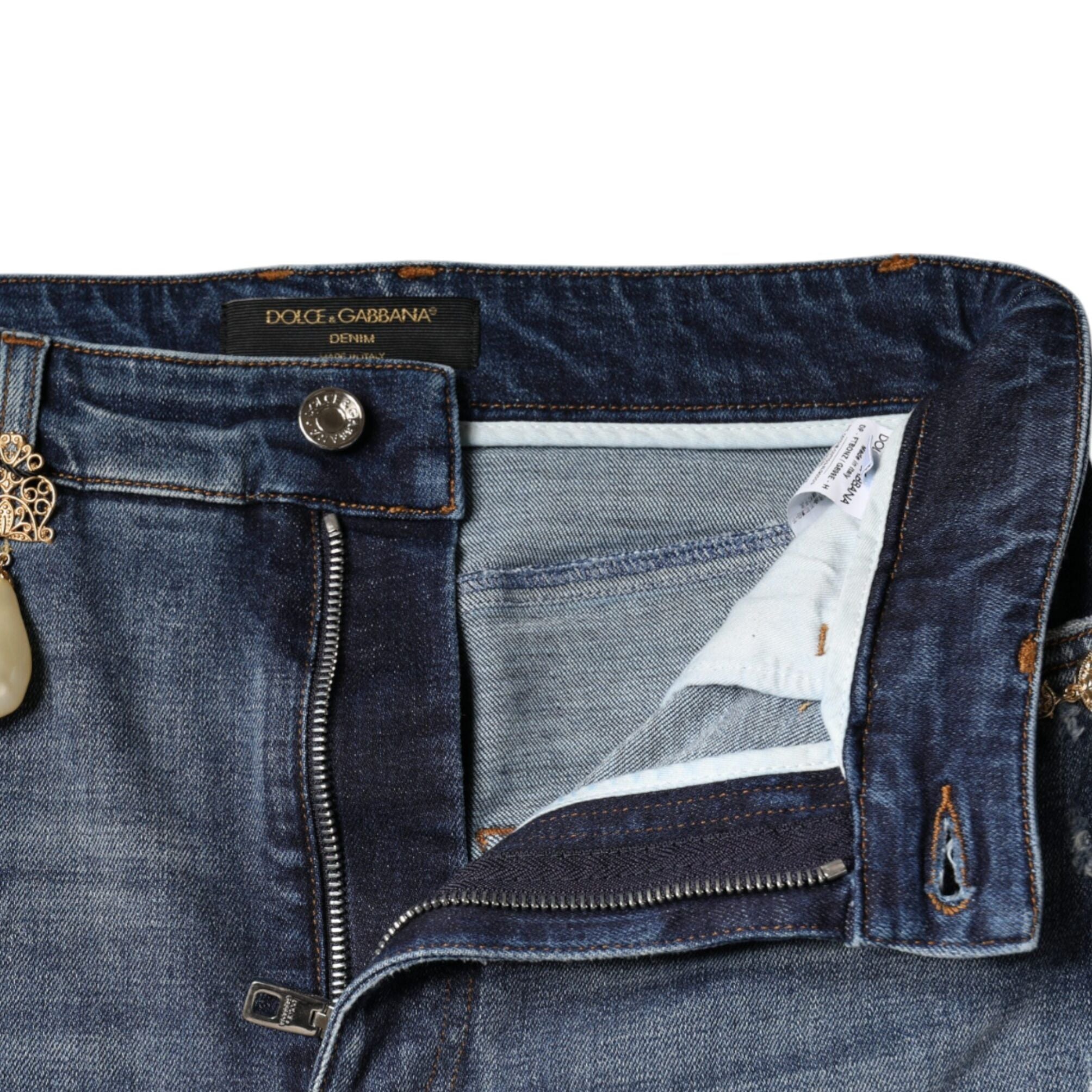 Dolce & Gabbana Dark Blue Cotton Tattered Skinny Denim Jeans