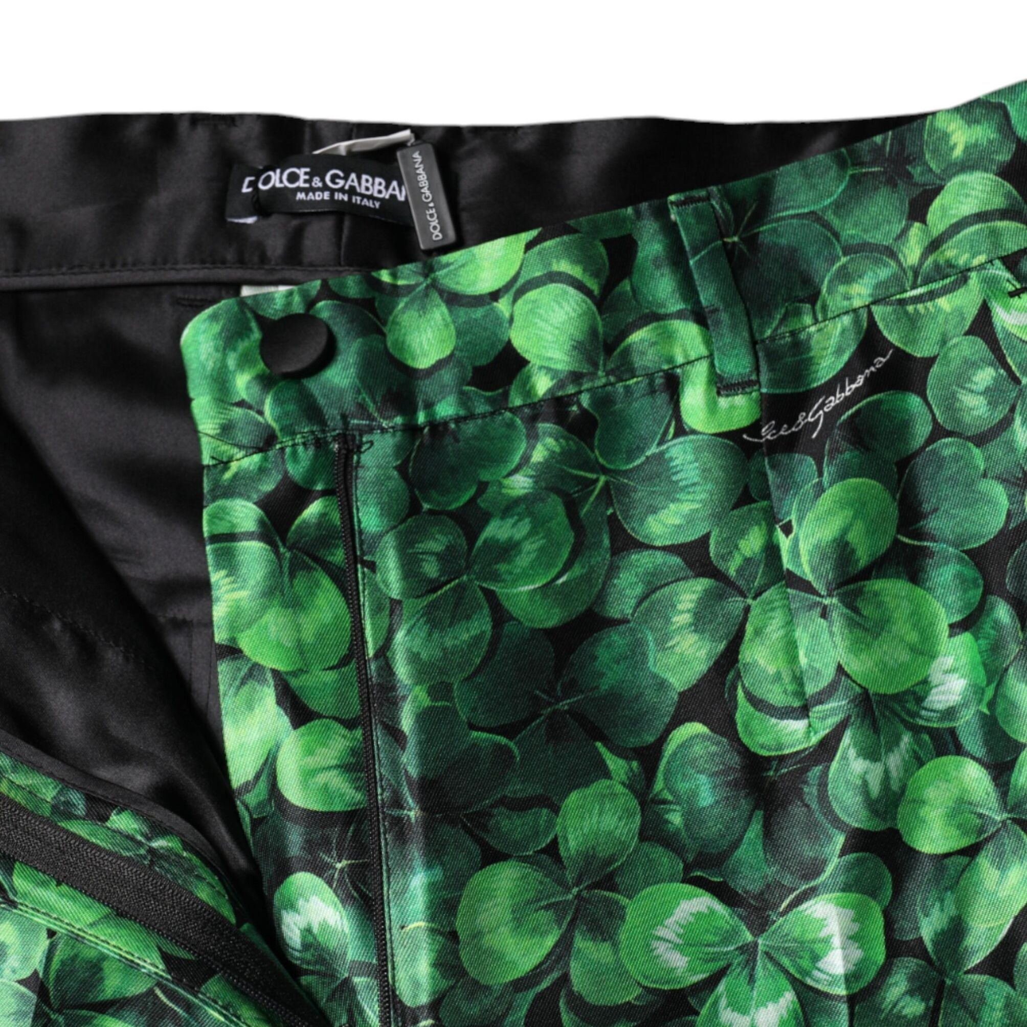 Dolce & Gabbana Green Clover Silk Satin High Waist Tapered Pants