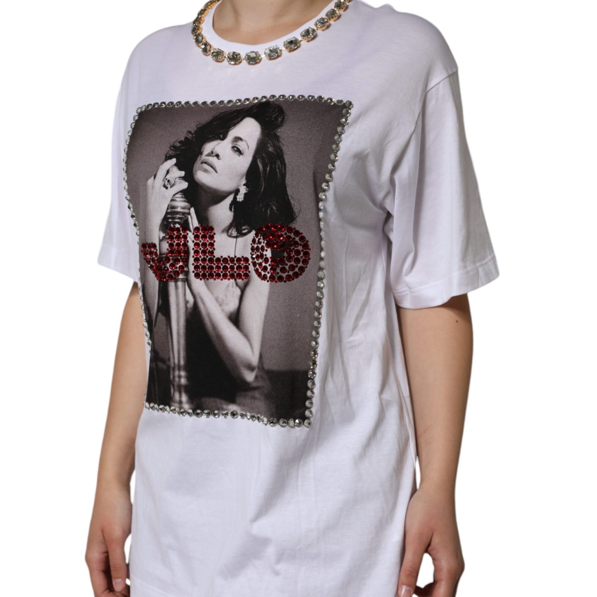 Dolce & Gabbana White Crystal Neckline Embellished Printed T-shirt