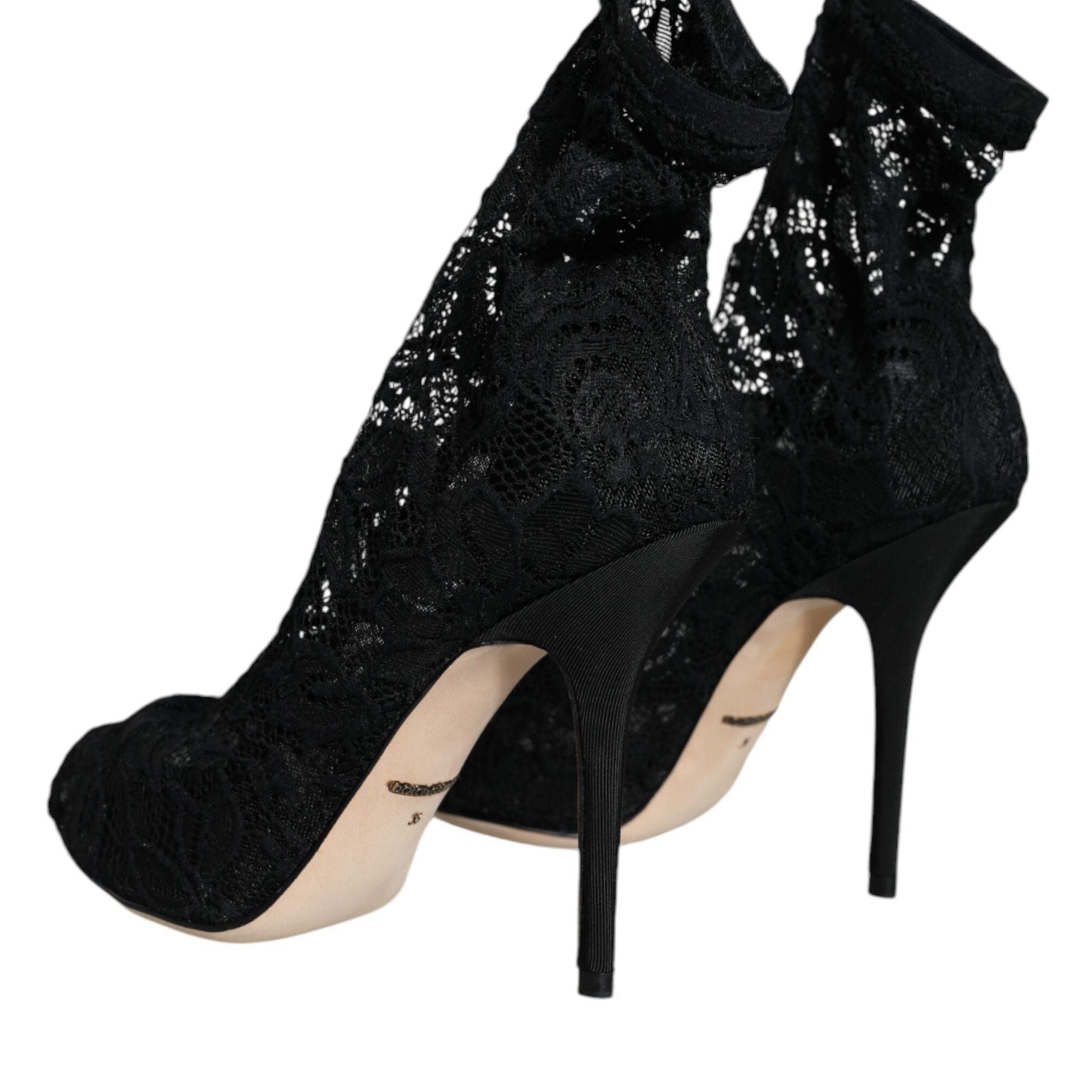 Dolce & Gabbana Black Lace Stretch Heels Mid Calf Boot Shoes