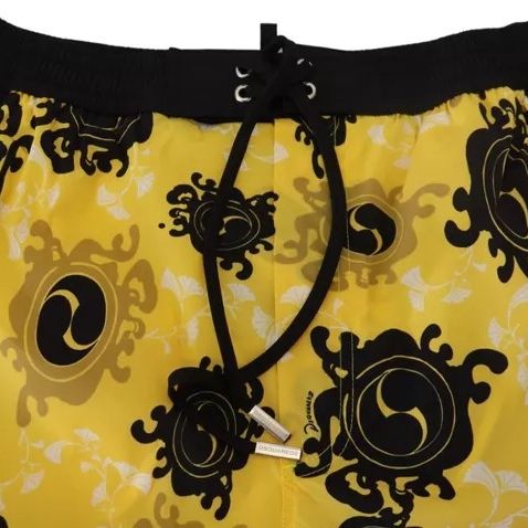 Dsquared² Yellow Black Printed Nylon Beachwear Shorts Swimwear