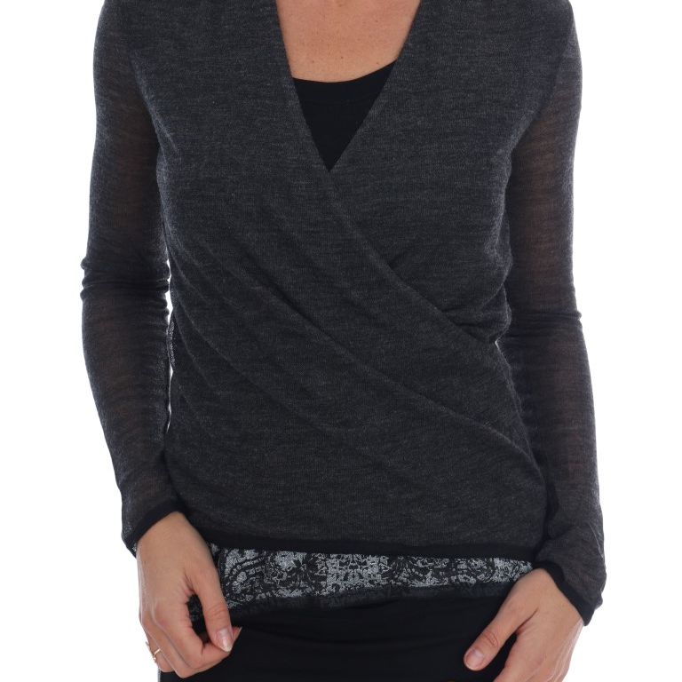 Ermanno Scervino Gray Wool Lace Top Long Sleeved T-shirt