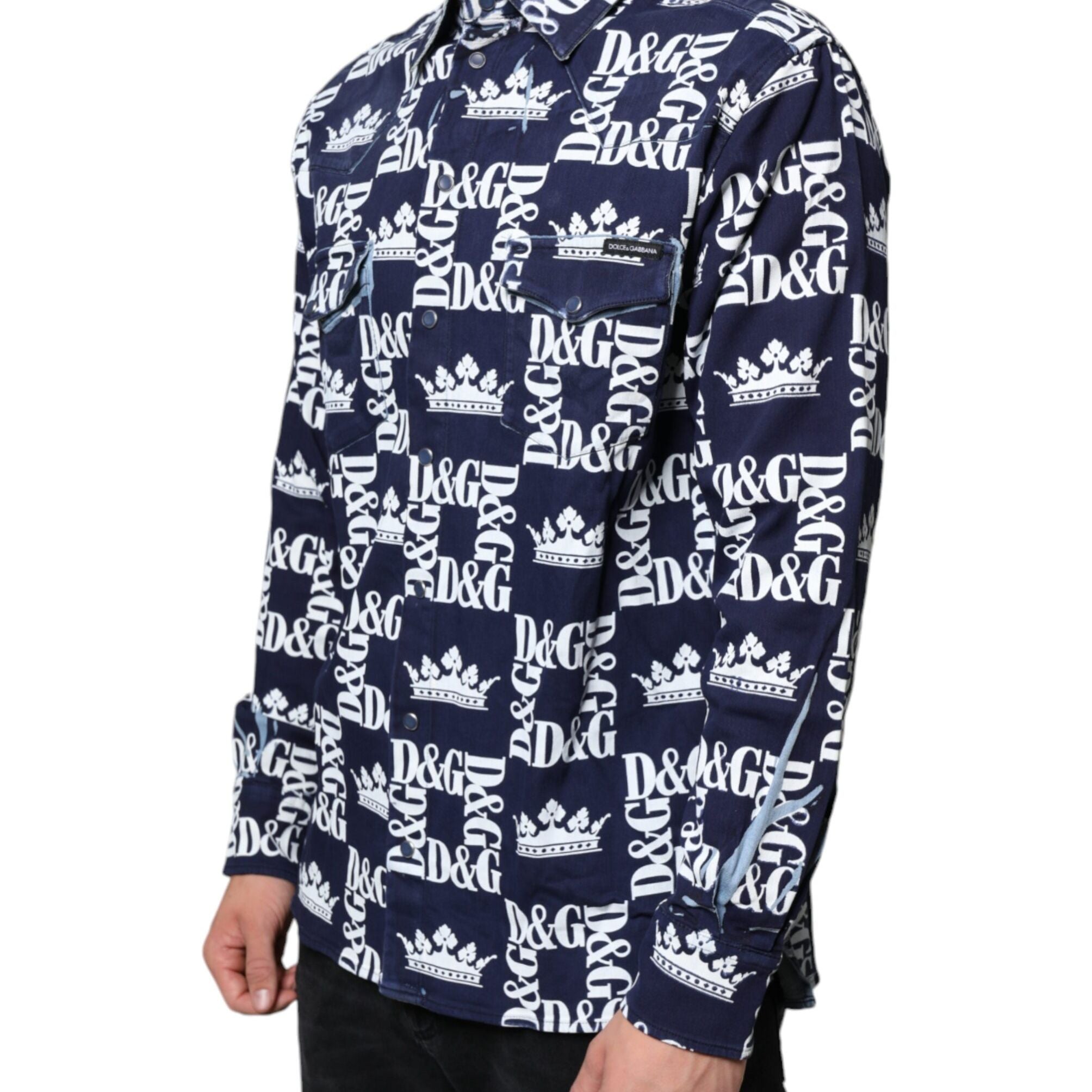 Dolce & Gabbana Blue Crown Logo Print Slim Fit Cotton Shirt
